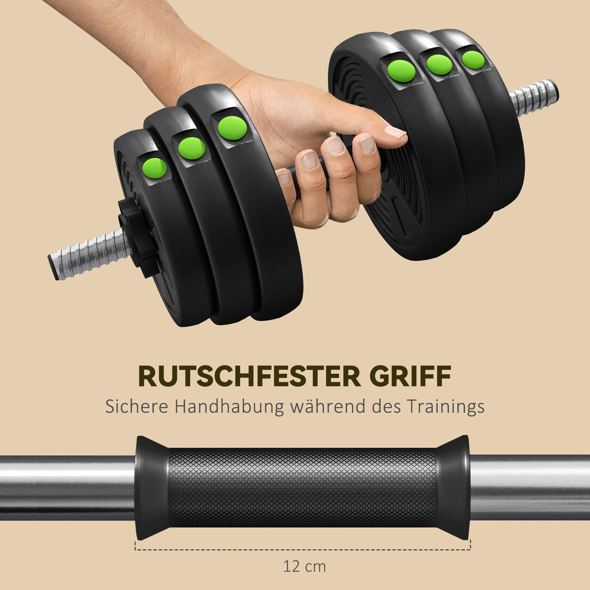 2-in-1 Hantel-Set, Lang- & Kurzhantel, 30 kg, rutschfest, bodenschonend, Schwarz/Grün