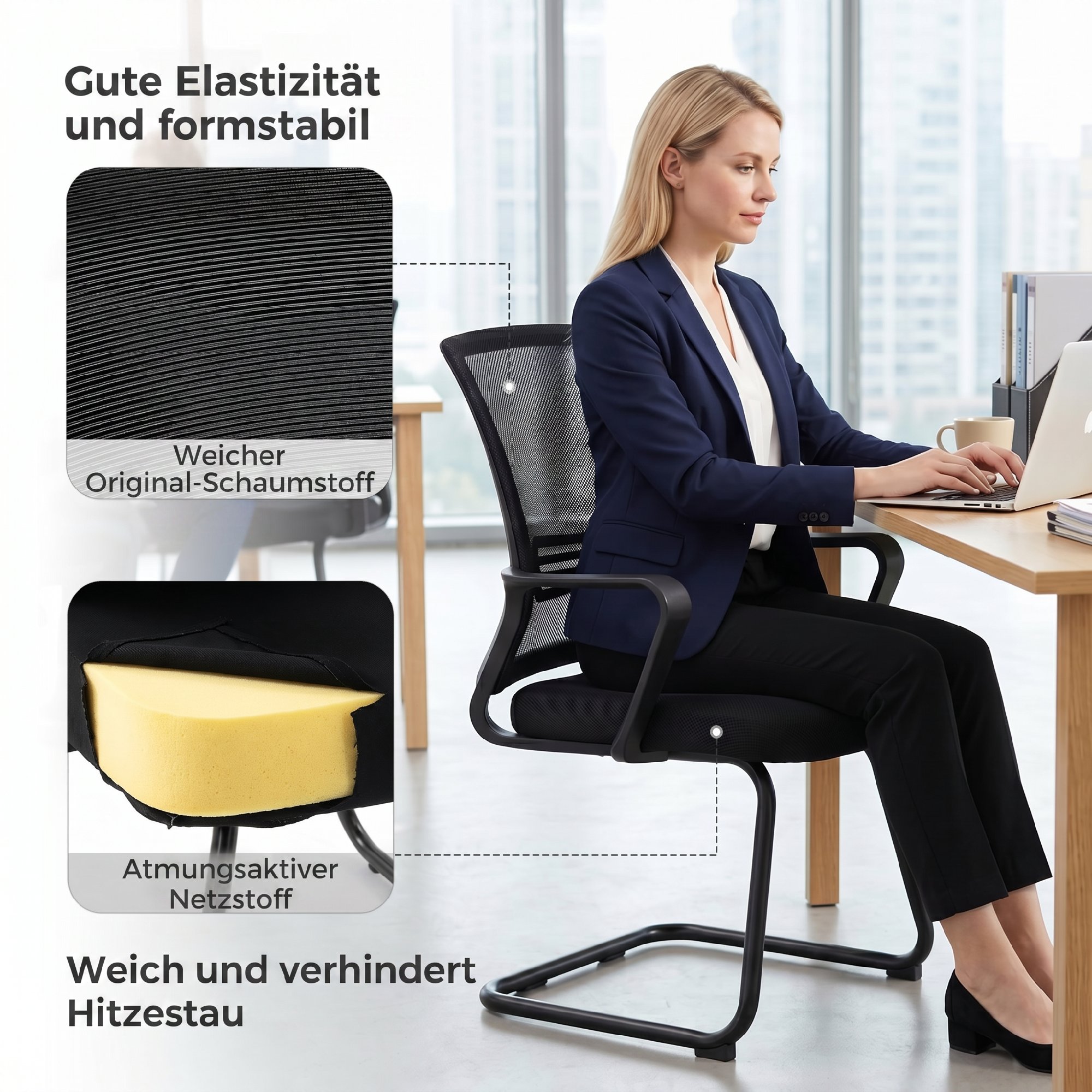 2er-Set ergonomische Schreibtischstühle ohne Rollen, gepolsterte Konferenzstühle mit Kufengestell für Wartezimmer und Empfang, Schwarz