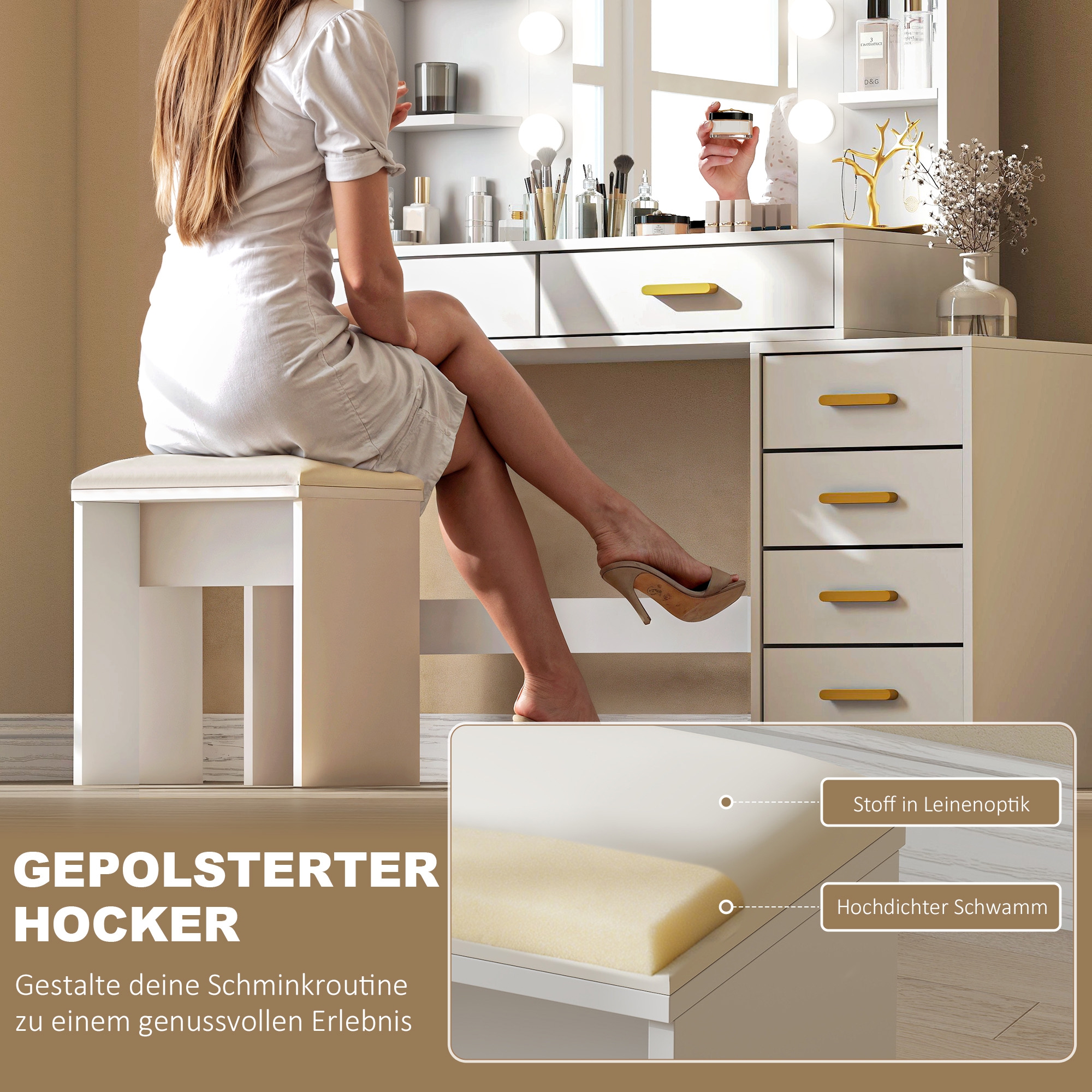 Schminktisch mit beleuchtetem Spiegel und gepolstertem Hocker, Schminkset mit 6 Schubladen und Ablagen, Weiß