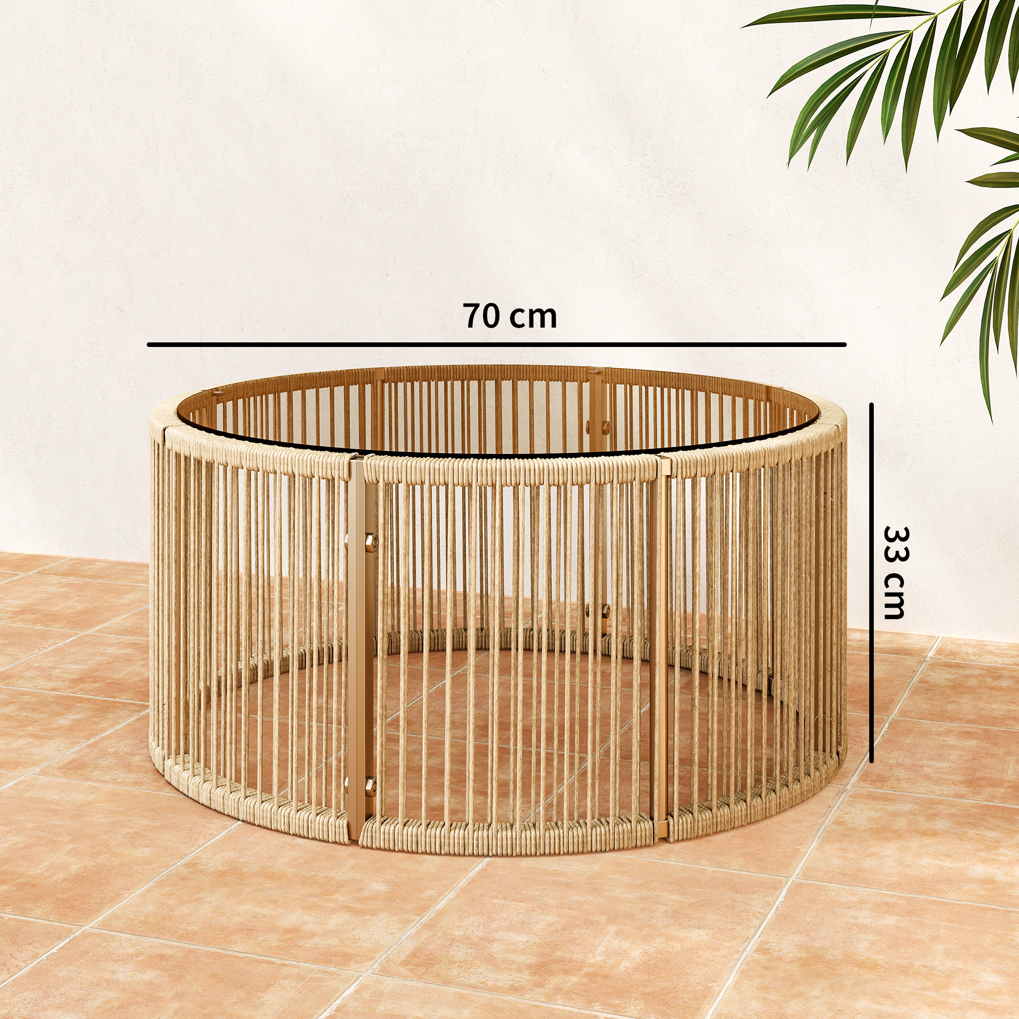 Beistelltisch aus Polyrattan Kaffeetisch mit gehärteter Glasplatte Gartentisch mit Stahlrahmen 70 x 70 x 33 cm Braun
