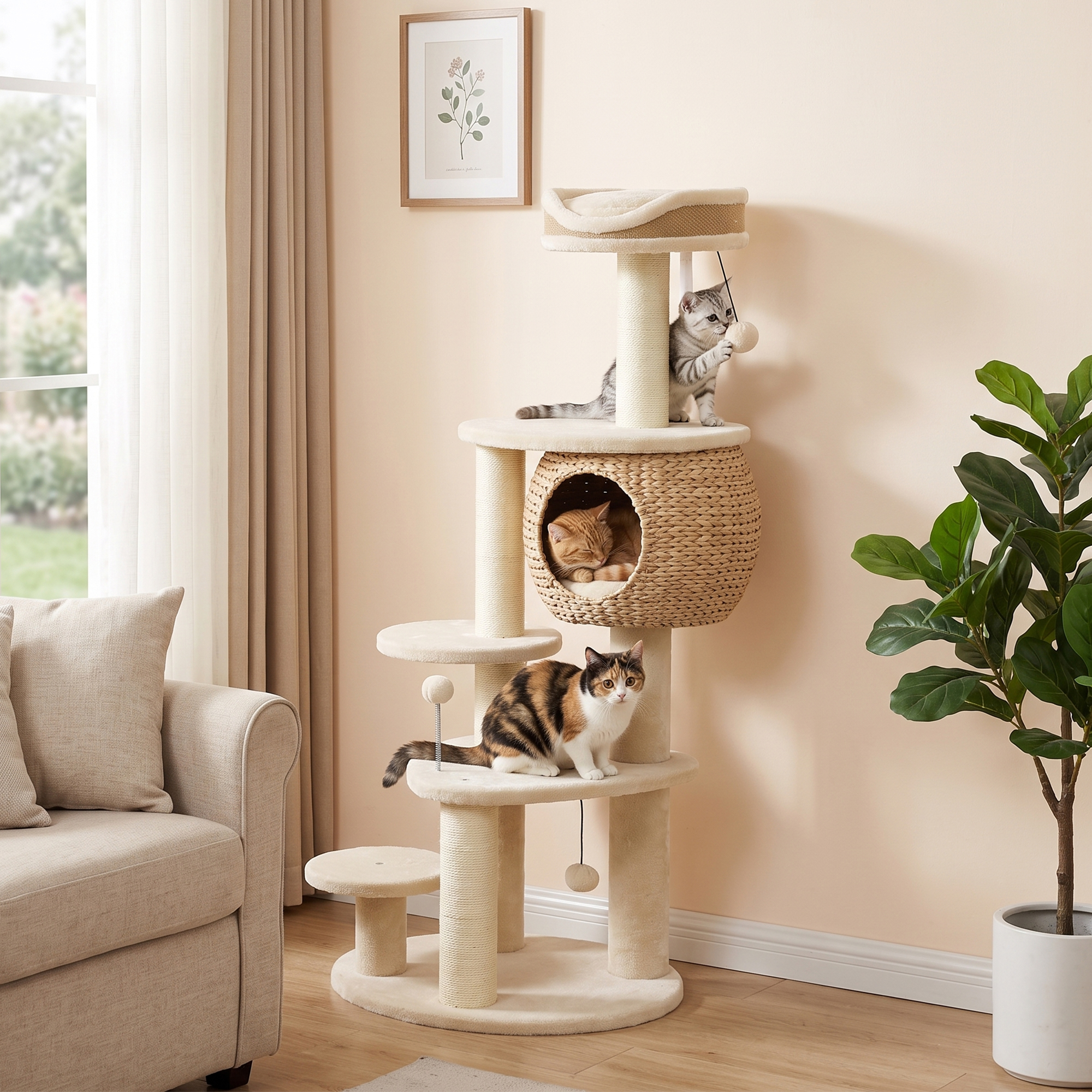 Kratzbaum Groß 132 cm hoch Katzenbaum mit Rohrkolben-Höhle Kratzstämmen Bett 3 Spielbällen Kippschutz 1-2 Katzen bis 6kg