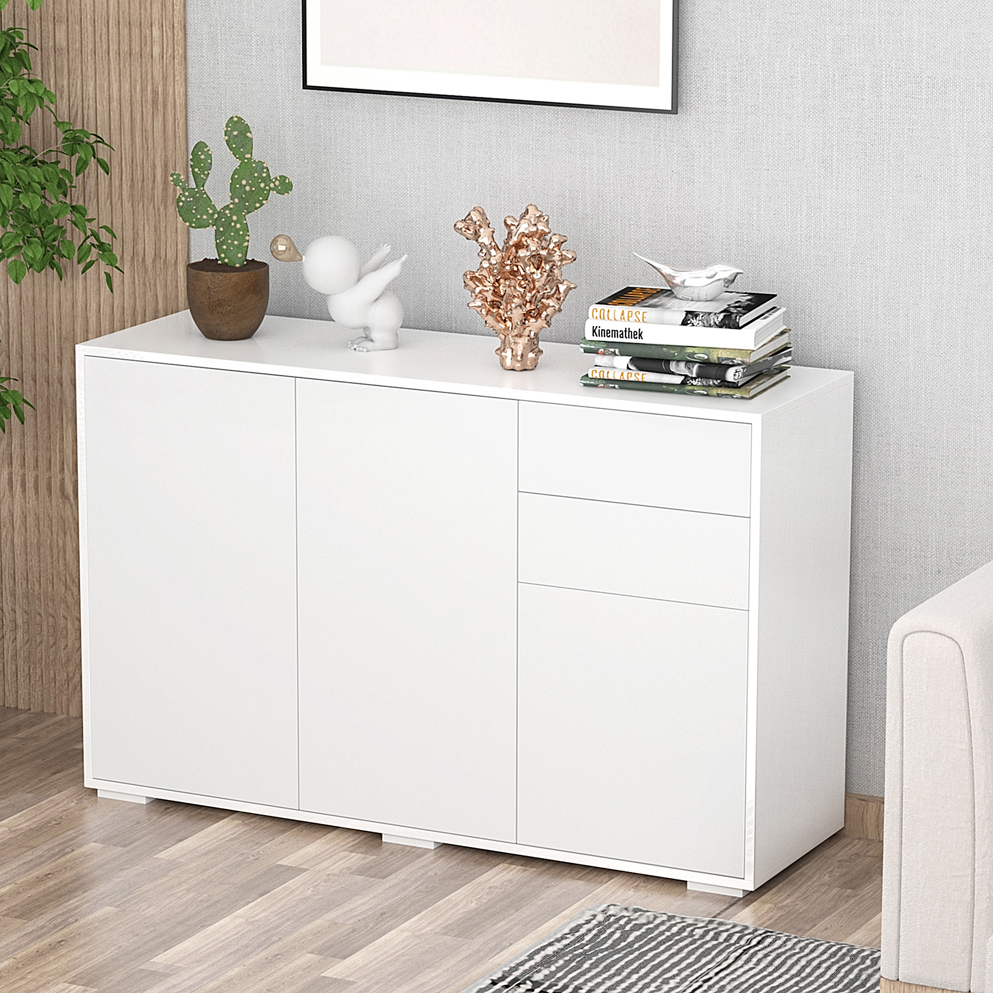 Sideboard Kommode Anrichte, 2 Schubladen, Push-Click, 117 cm x 36 cm x 74 cm, Weiß