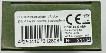 DELPHI Wechsel-Schalter, UP, silber / 250V~/ 10A, inkl. Rahmen, Steckanschluss