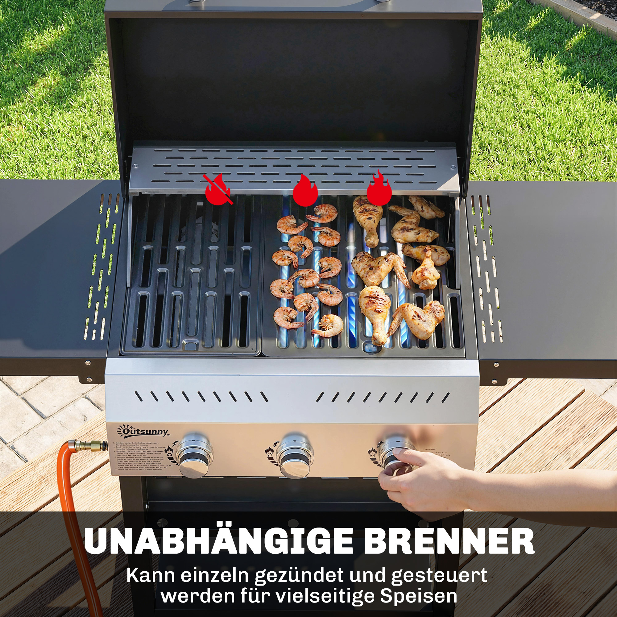 Gasgrill 9kW 3 Brenner BBQ Grillwagen Edelstahl inkl klappbar Seitentisch Gewürzhalter Unterregal 6 Haken
