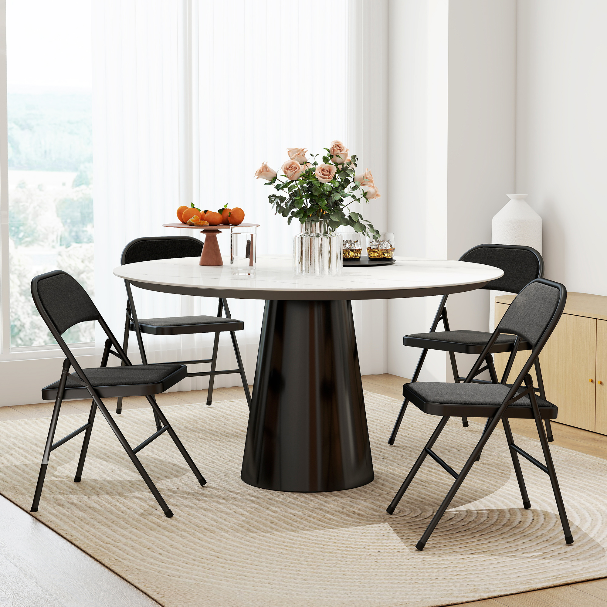 4er-Set Klappstühle, Tragbare Bürostühle, Metallbeine, Faltstuhl für Büro, Empfang, Wartezimmer, Leinenoptik, Schwarz