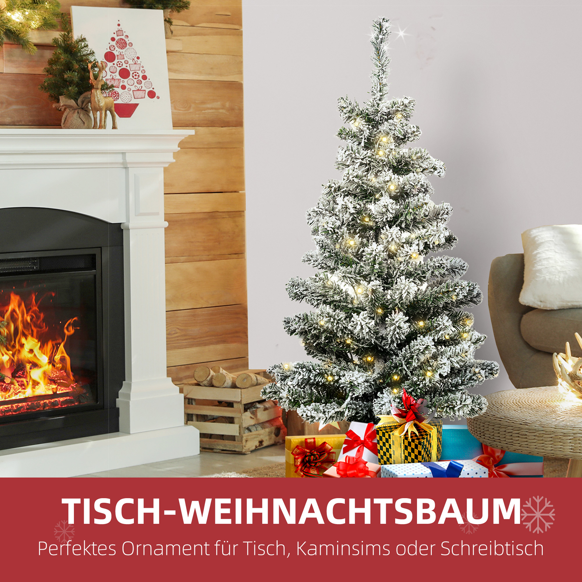 Mini-Weihnachtsbaum Ø40x90 cm, Kunstschnee, 60 LEDs, feuerfest, Kunststoff, Grün/Weiß