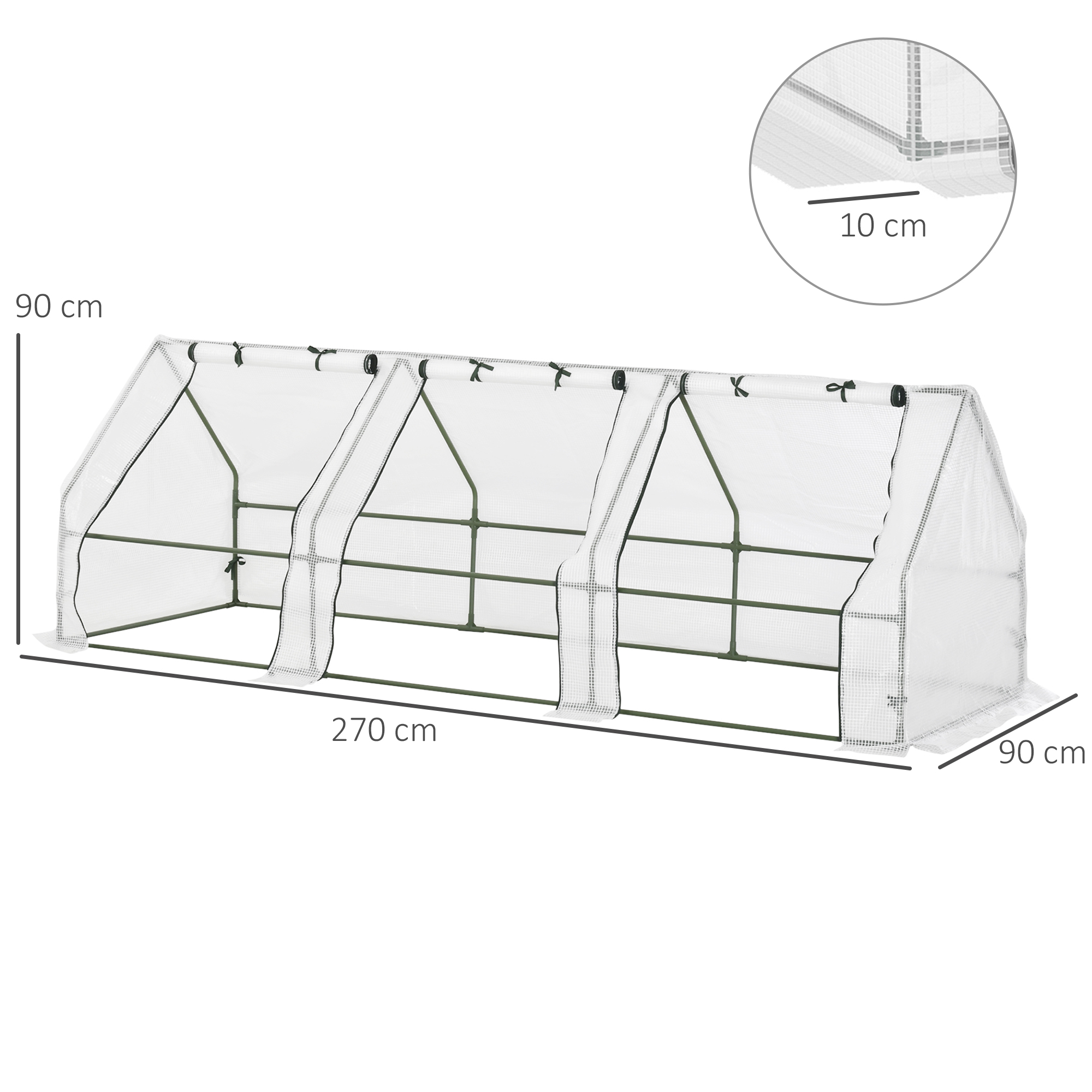 Gewächshaus mit 3 Rollfenster, PE-Gitterfolie, Foliengewächshaus aus Stahl, Treibhaus für Balkon, Garten, Tomatenhaus 270x90x90cm, Tomatengewächshaus für Gemüse, Blumen, Pflanzen, Weiß
