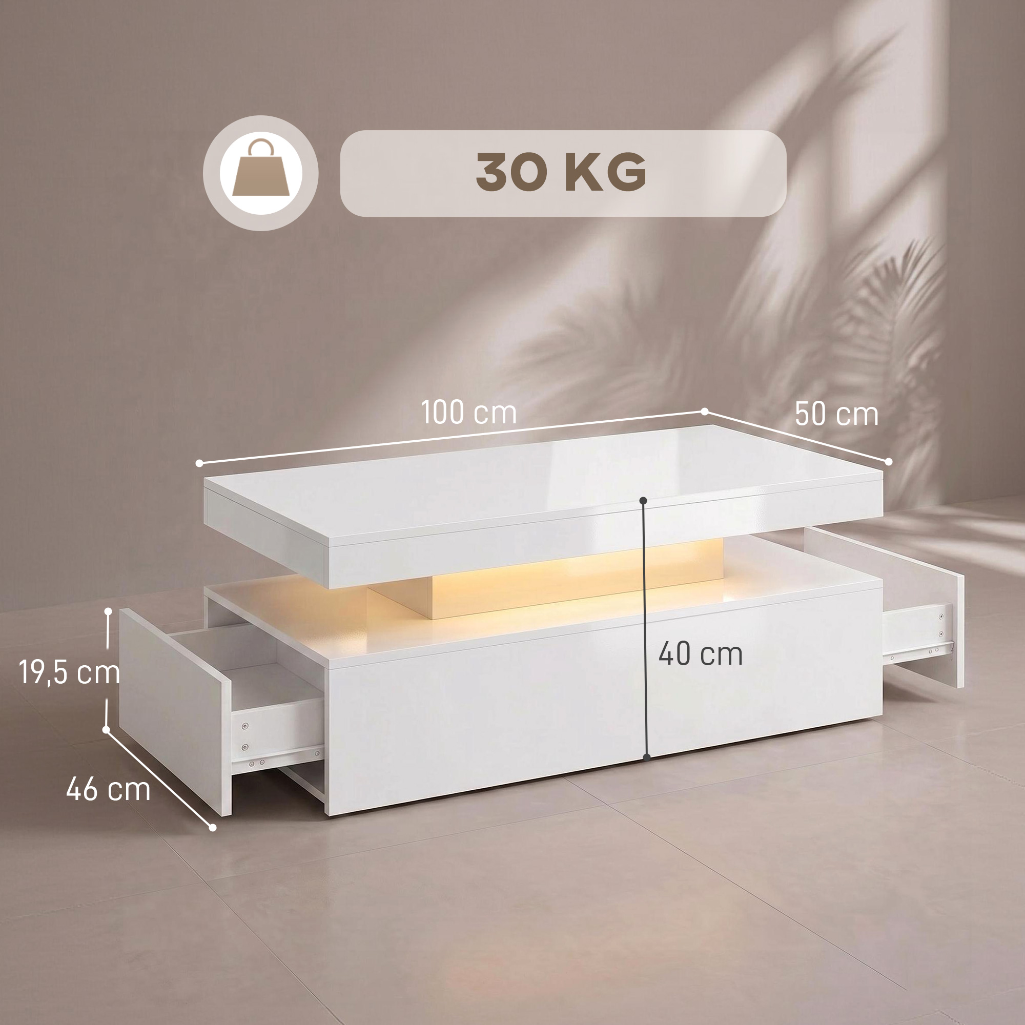 LED Couchtisch mit Stauraum, Moderner 2-Ebenen Wohnzimmertisch mit 2 Schubladen, Hochglanz Weiß