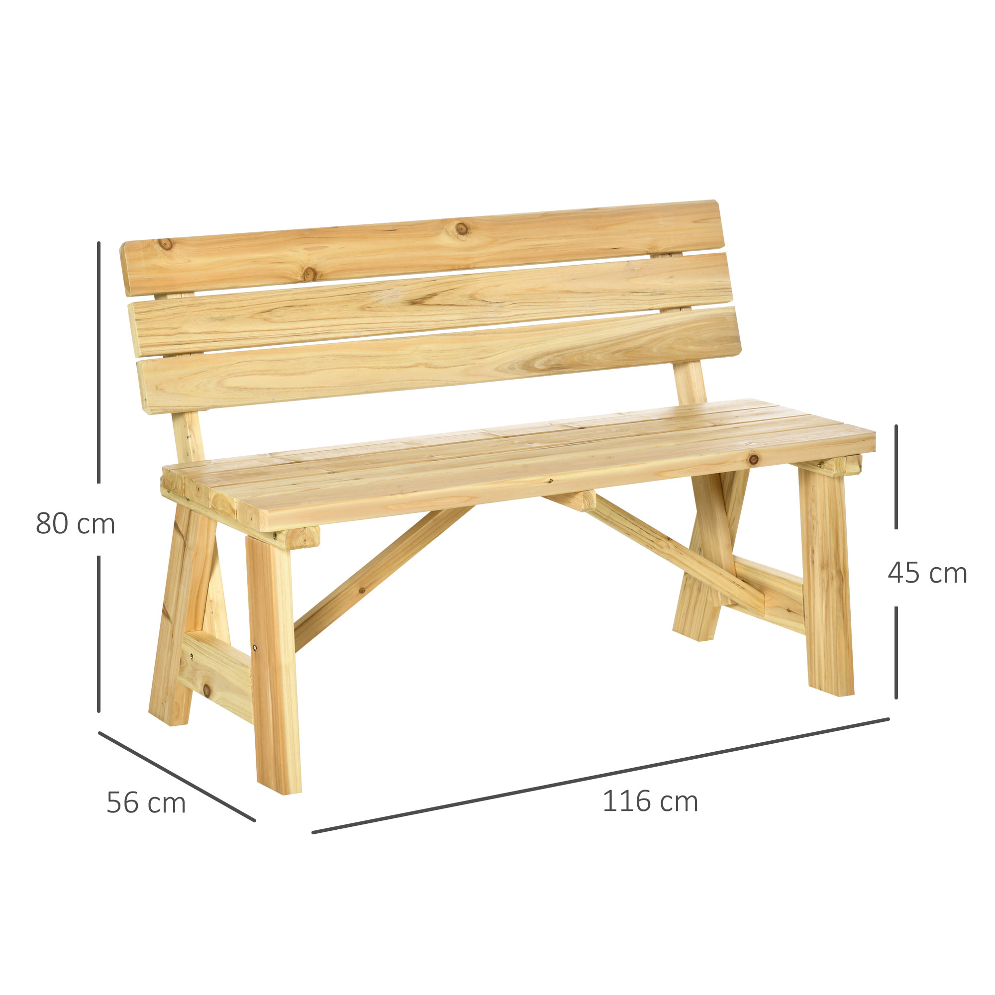2-Sitzer Gartenbank Holz, wetterfest Sitzbank, UV-Beständig Gartenmöbel mit Rückenlehnen, Parkbank 220kg belastbar, Balkonbank, Holzbank für Balkon Terrasse, Garten, 116 x 56 x 80 cm, Natur