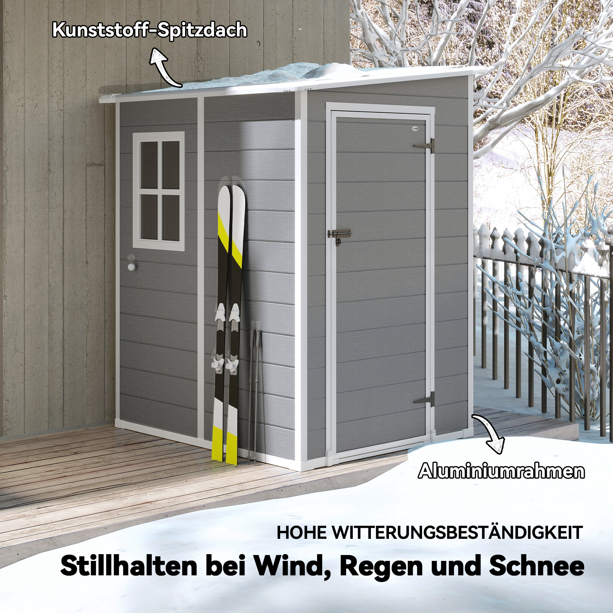 Geräteschuppen, Tür mit Schloss, Fenster für Tageslicht & Belüftung, Aluminium, 122 x 149 x 192/177 cm Grau