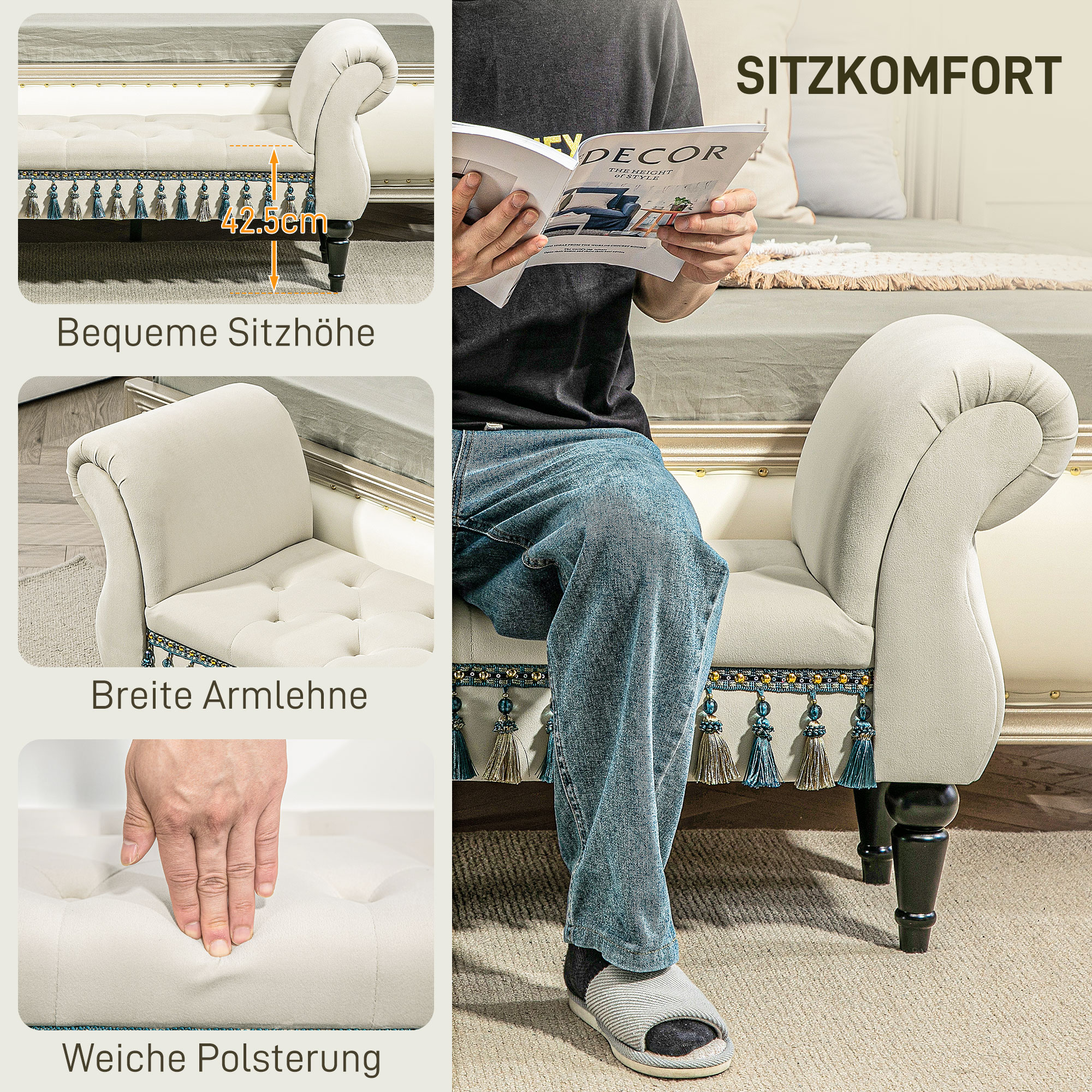 Polsterbank, Sitzbank, Vintage-Design, bis 150 kg, 117x40x58 cm, Beige