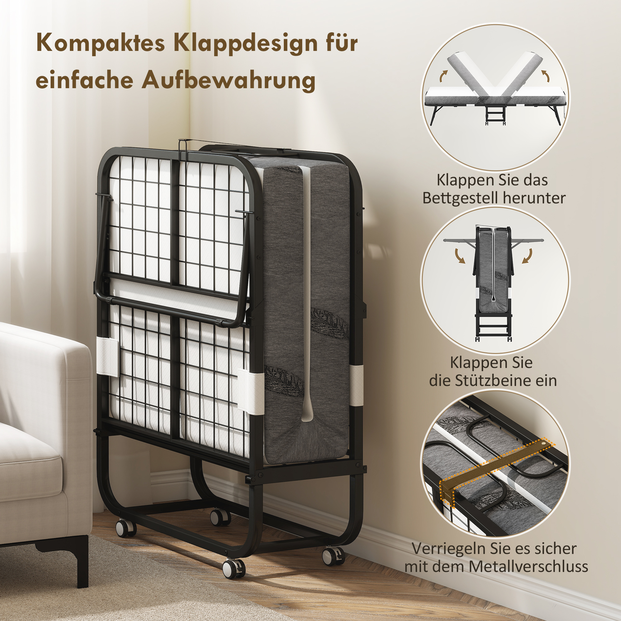 Klappbett 80x200 cm Erwachsene Gästebett Klappbar mit 10cm Dicker Schaumstoff Reisebett mit Stahlrahmen Feldbett mit Rollen bis 150 kg belastbar Einzelbett