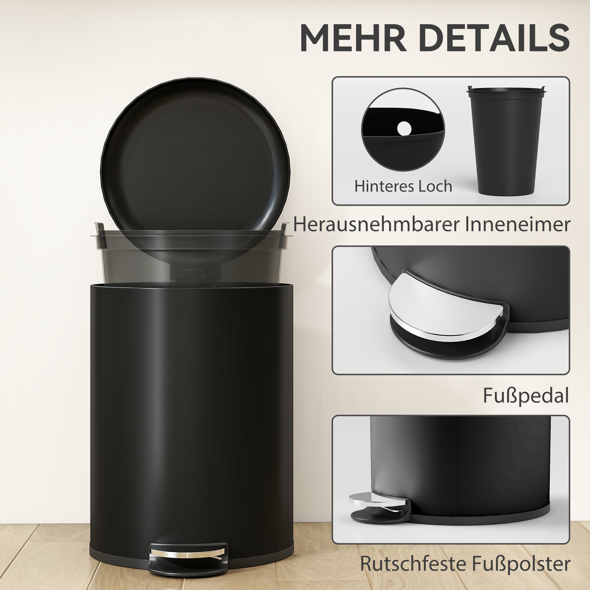20-Liter Küchen-Mülleimer, Fingerabdruckresistenter Metall-Abfalleimer mit Soft-Close-Deckel, Fußpedal und herausnehmbarem Eimer, Schwarz