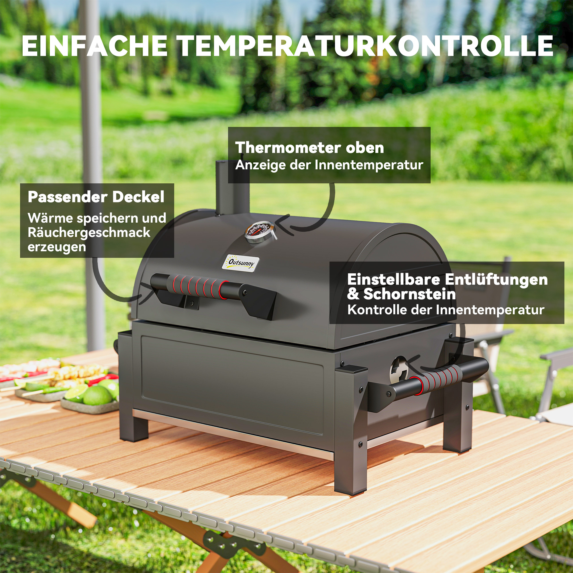 Kohlegrill mit Deckel, Warmhalterost, Aschefach, Thermometer, rostfrei, 67 x 53 x 55cm, Schwarz/Rot