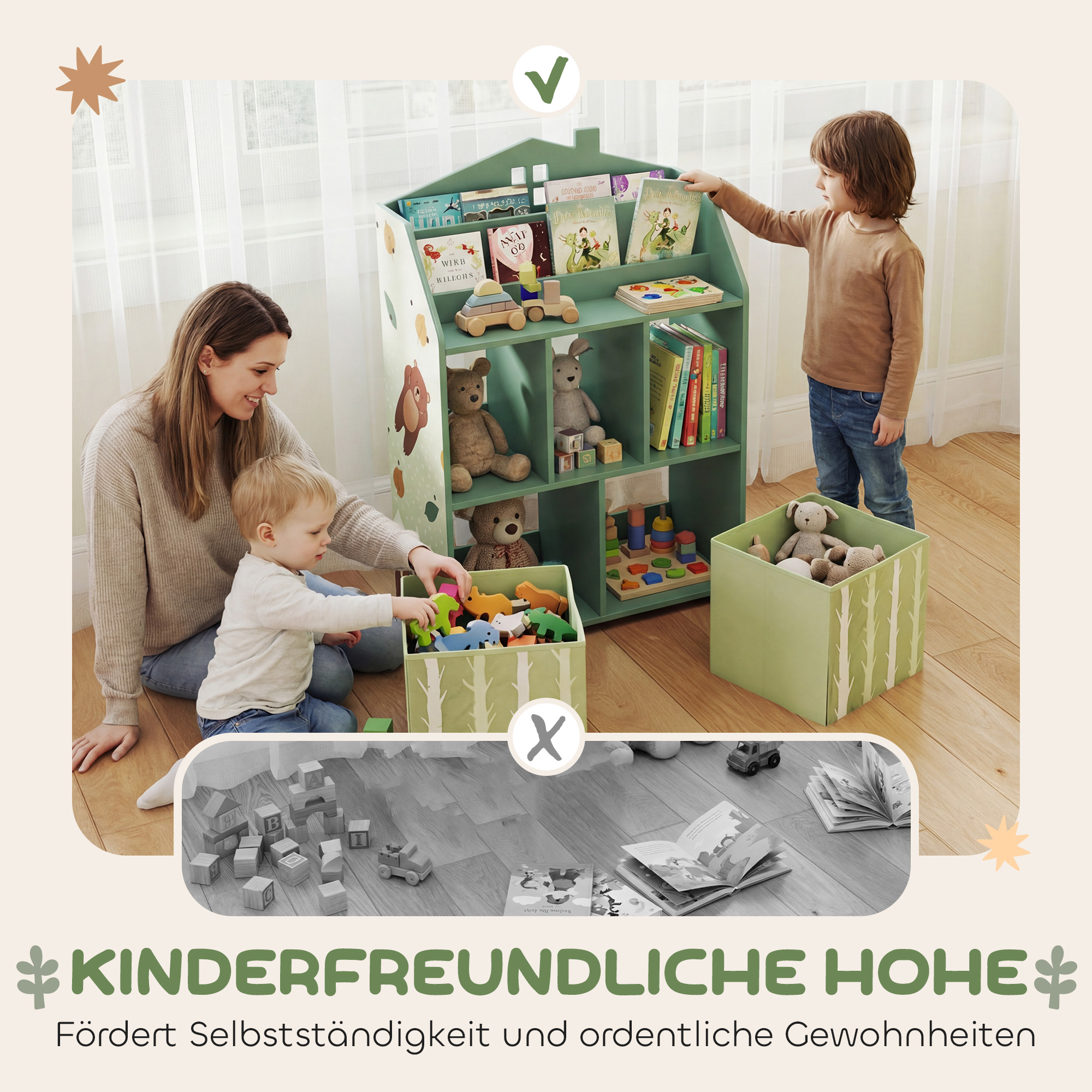 Kinderregal Bücherregal Kinder mit 2 Stoffschubladen offen Regal für 3-8 Jahre 62,5x30x91,5 cm Grün
