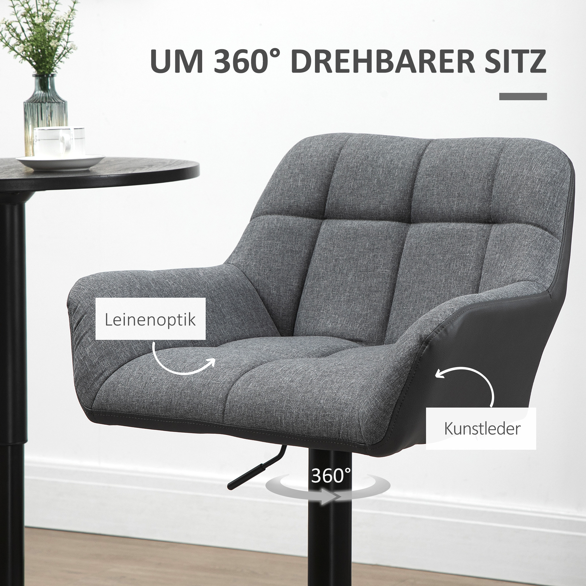 Barhocker 2er-Set Retro-Design höhenverstellbar Kunstleder Leinenoptik Grau + Schwarz