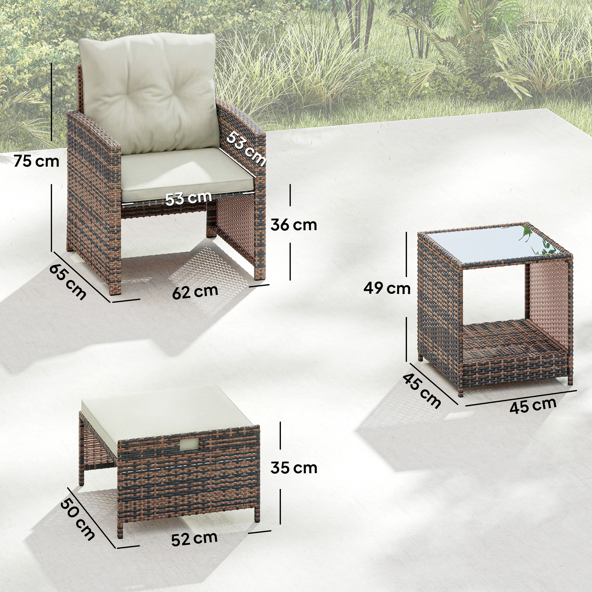 Rattan Gartenmöbel Set 5-teiliges Balkonmöbel Set mit 2 Stühle Kissen Hocker Tisch Staufach Cremeweiß