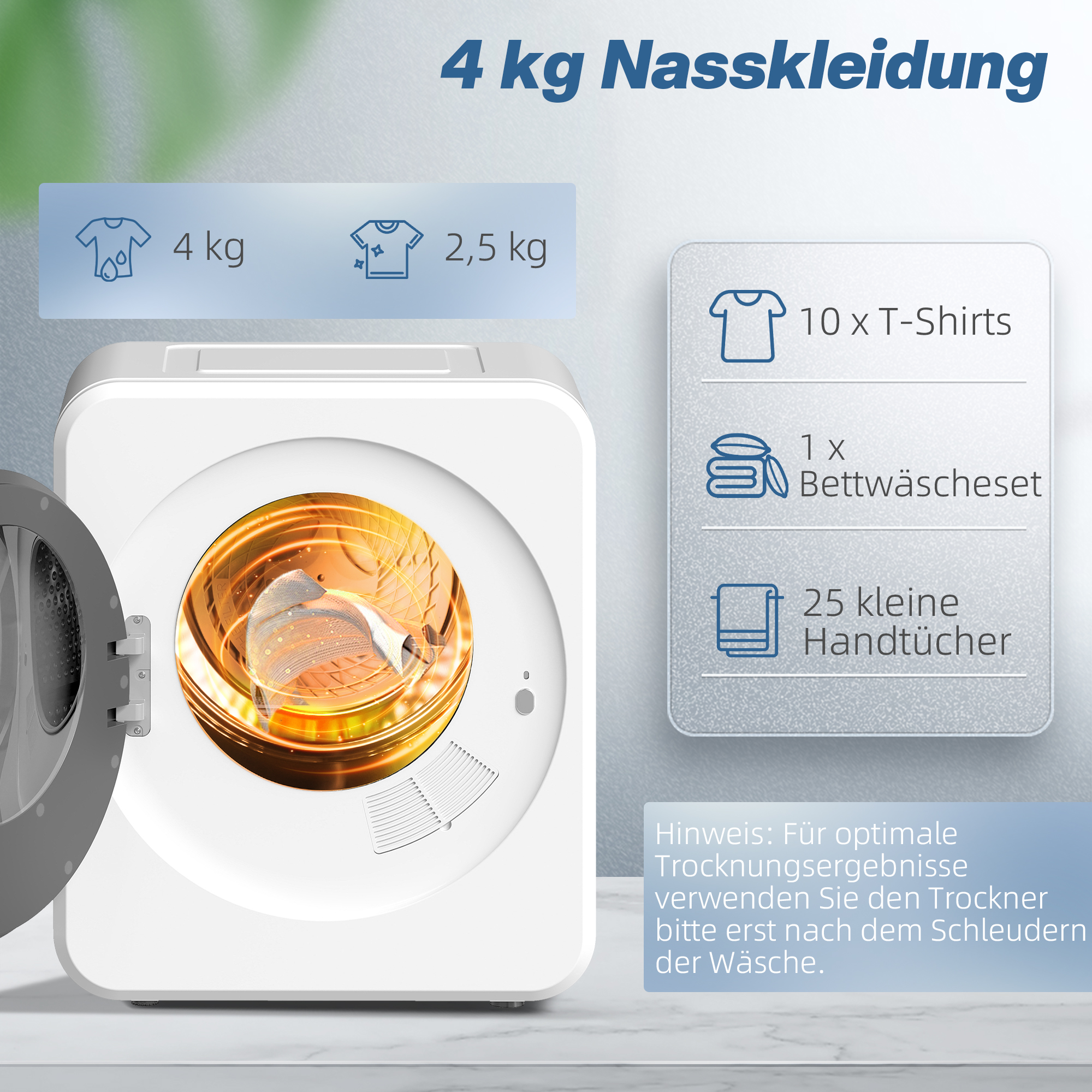 Ablufttrockner, 4 kg Frontlader-Wäschetrockner mit Edelstahltrommel, 800W Kompakt Freistehend, Weiß