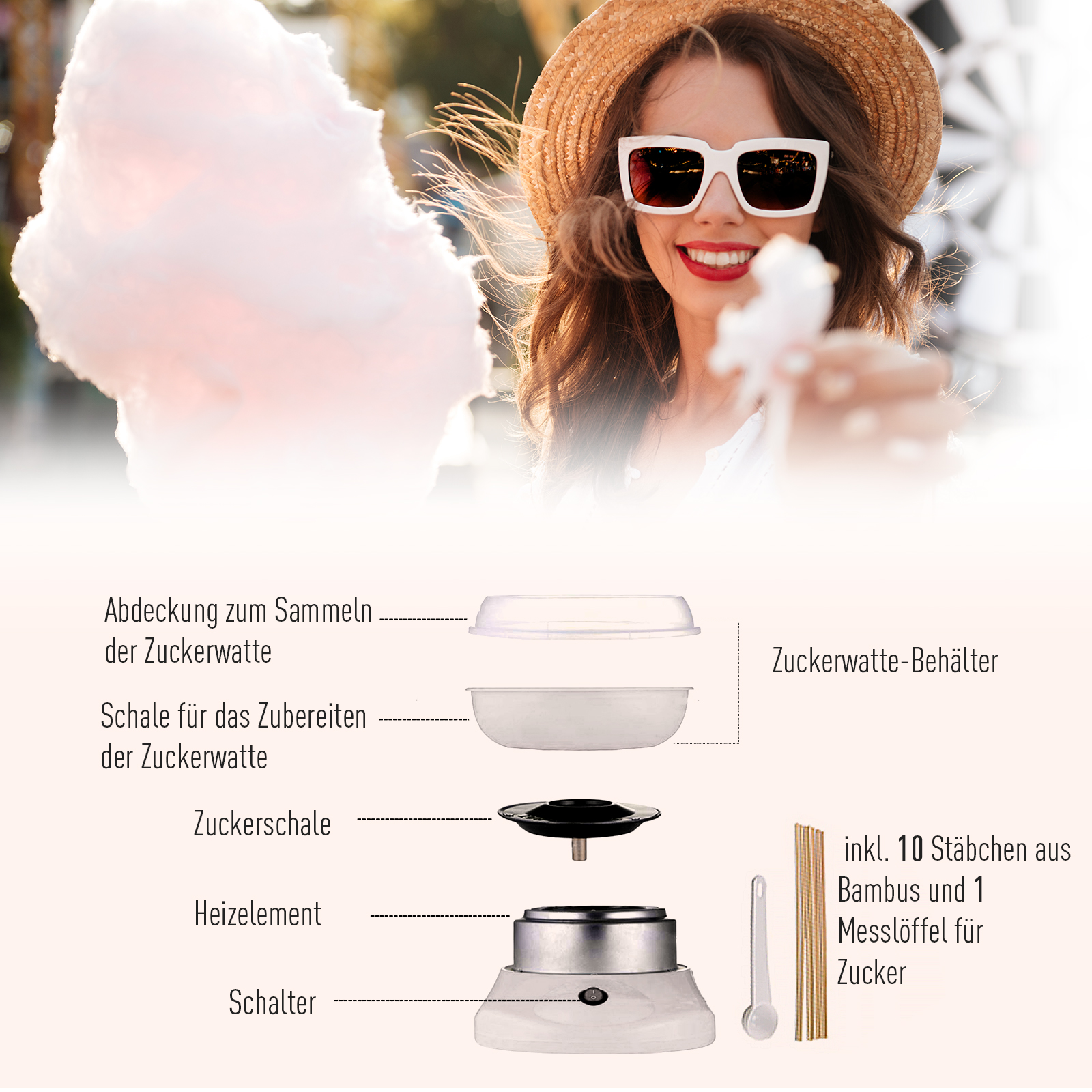 Zuckerwattemaschine für Zuhause Cotton Candy Machine Zuckerwatte Maschine mit Stäbchen und Messlöffel Höhe 18 cm 550W für Kinderfest, Geburtstag, Party Weiß