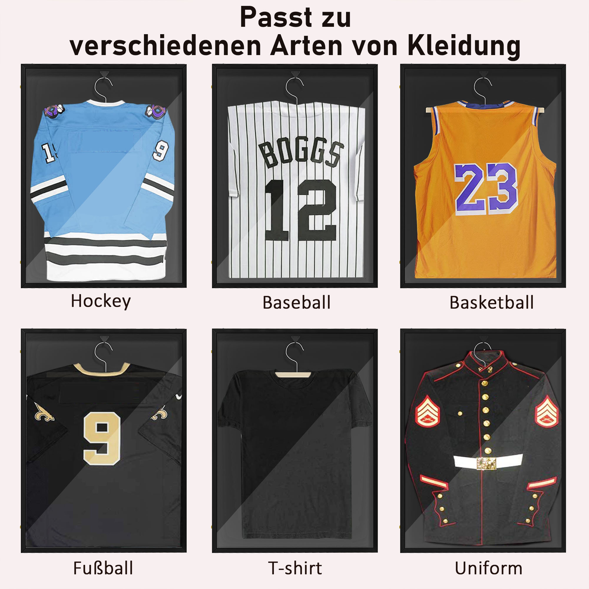Trikot-Display, Kleiderbügel, Aluminiumrahmen, UV-beständige Acrylfront, Schwarz