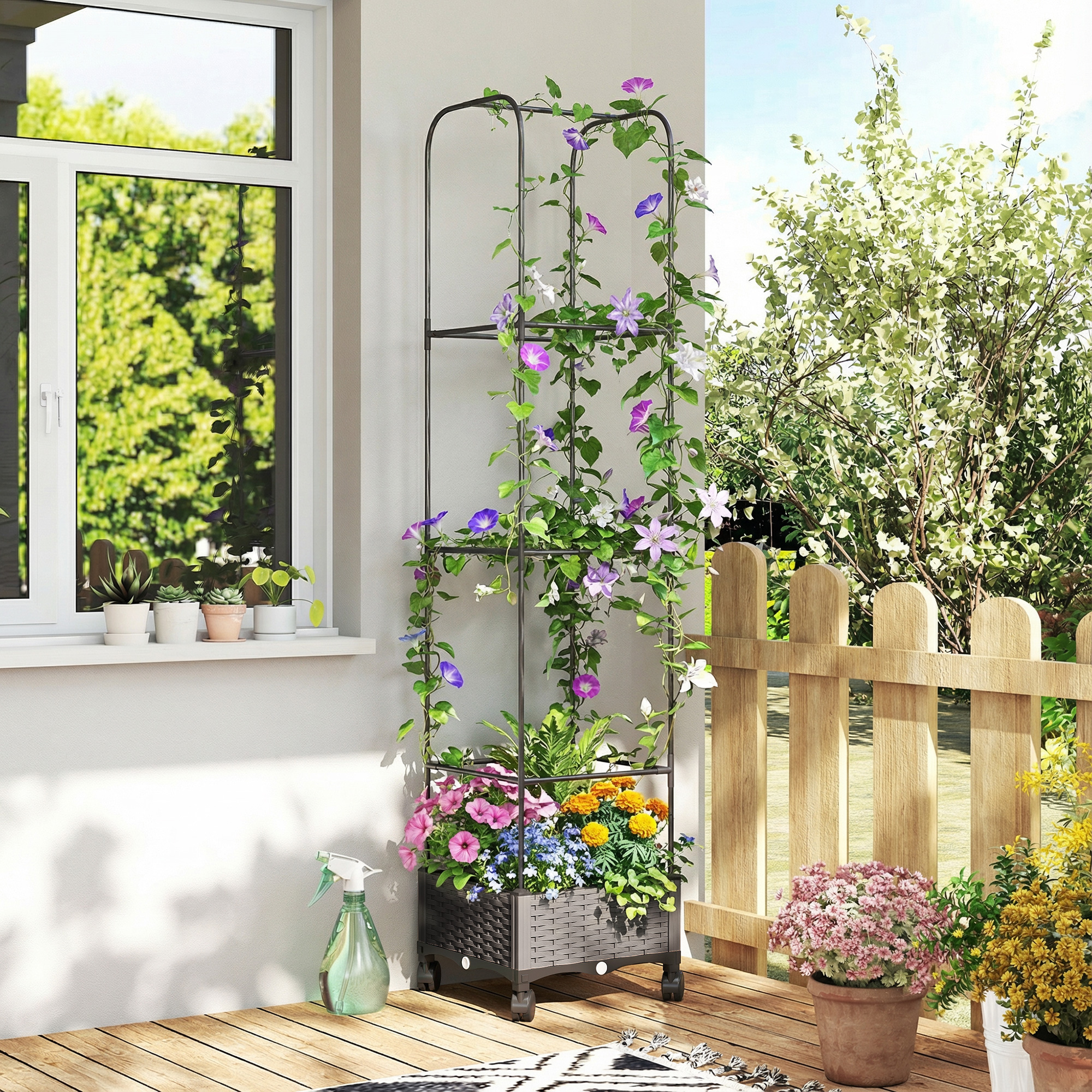 Hochbeet mit Rankgitter mobiler Blumenkasten mit Rolle Abflussloch, Pflanzkasten 40 x 40 x 185 cm