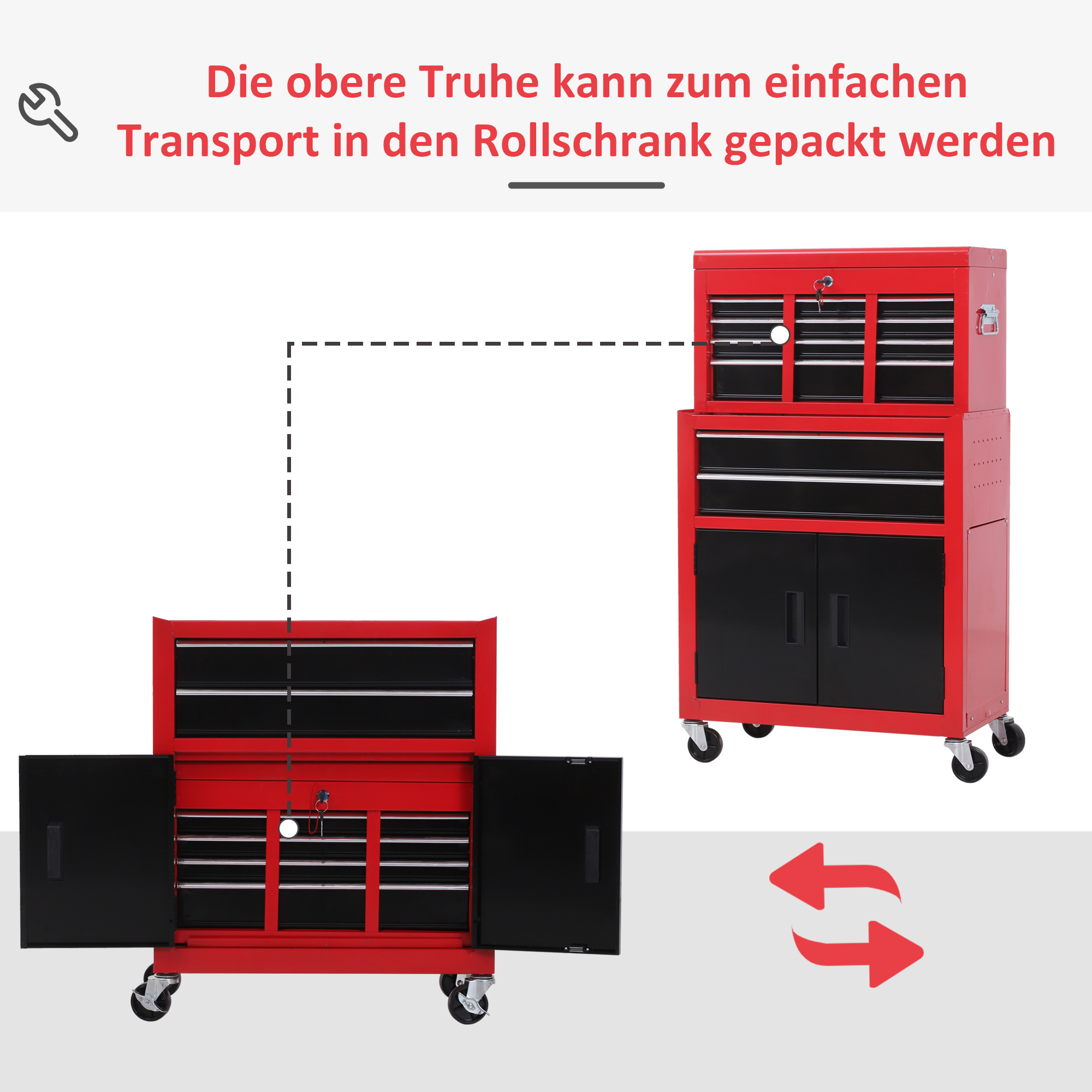 Werkzeugschrank mit Werkzeugkiste, rollbar, 6 Schubladen, Metall, Rot
