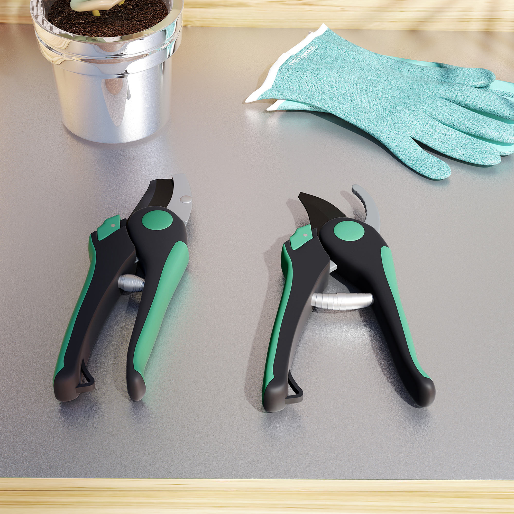 Gartenwerkzeug Set 2 Stück Garten Werkzeug aus Metall Gartengeräte mit Gartenschere Grün+Schwarz
