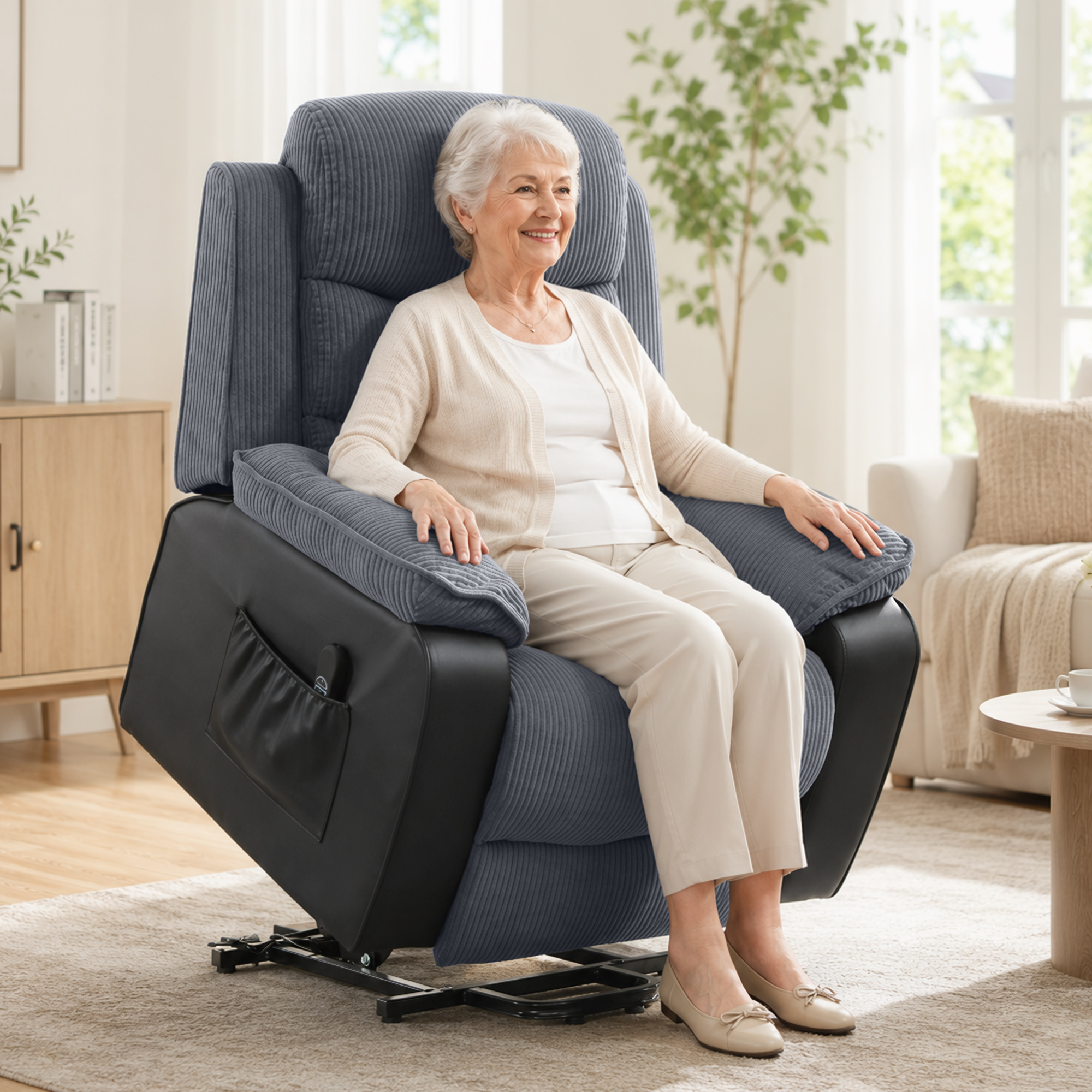 Aufstehsessel mit weichem Cordbezug, Recliner-Sessel mit Fernbedienung und Seitentaschen, Dunkelgrau