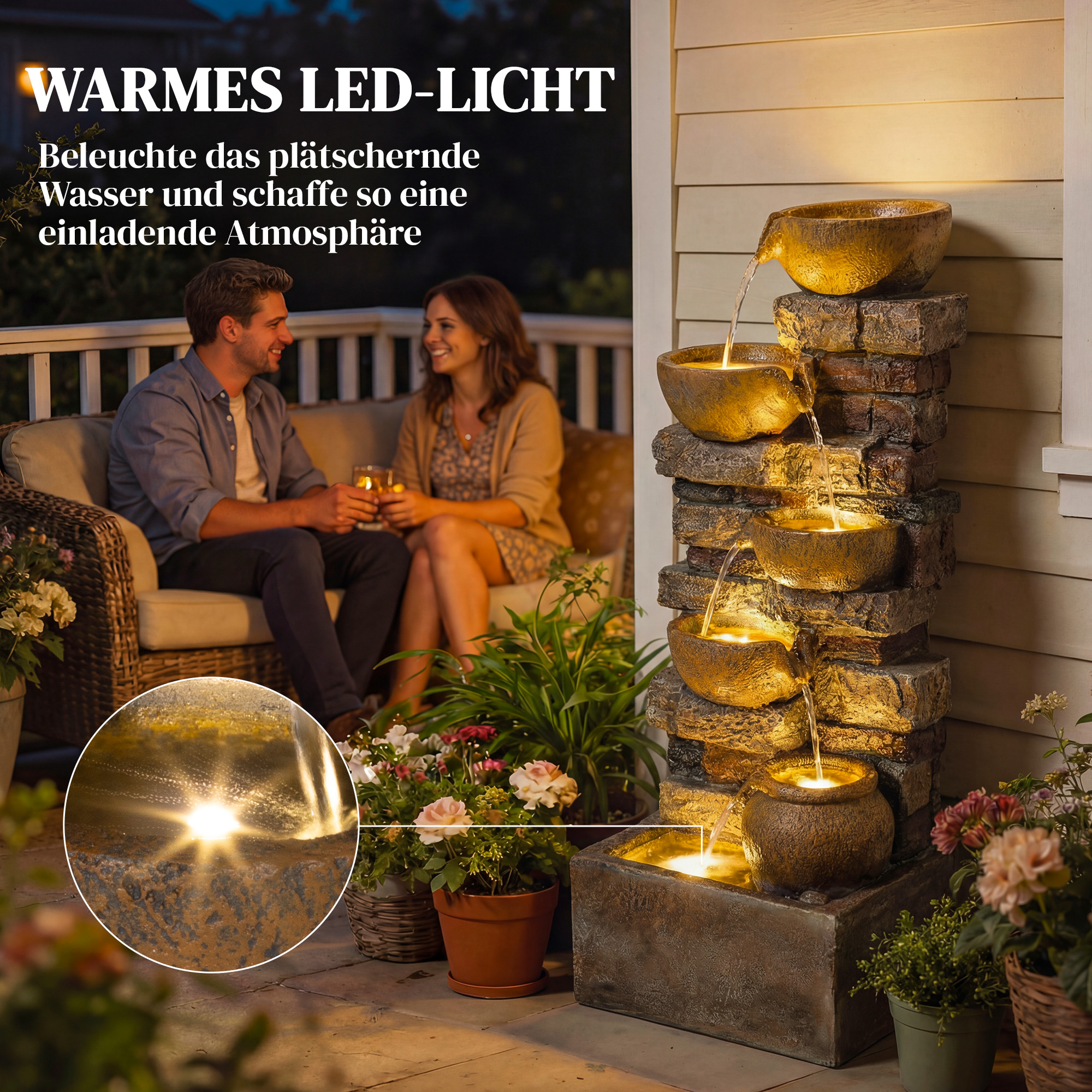 Springbrunnen 5-stufig Gartenbrunnen mit LED Beleuchtung Steinoptik Pumpe, Verstellbar 31 x 25,5 x 72 cm