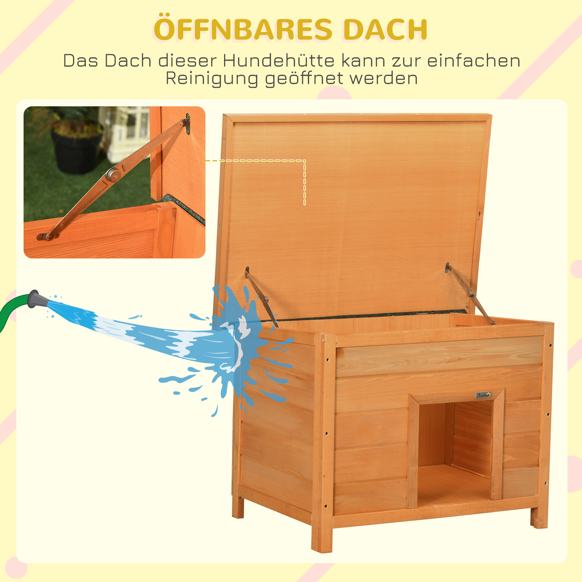 Hundehütte Outdoor, Hundehaus aus Holz mit Aufklappbares Asphaltdach, Wasserdichte Hundehöhle mit erhöhter Boden Hütte für kleine Hunde, Gelb, 82 x 58 x 58 cm