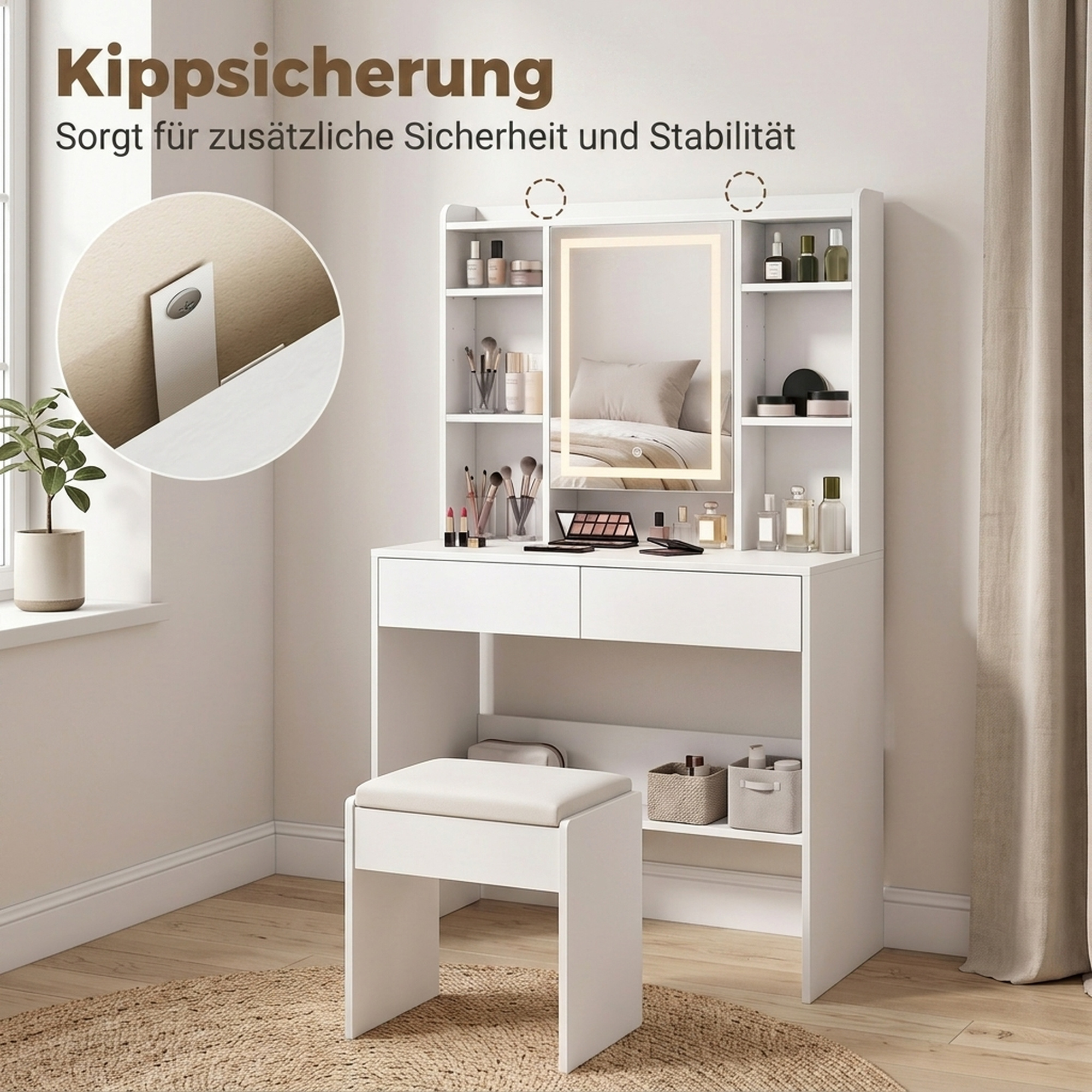 Schminktisch mit Spiegel und LED-Beleuchtung, Frisiertisch mit 2 Schubladen, offenen Fächern und 8 Haken, Weiß
