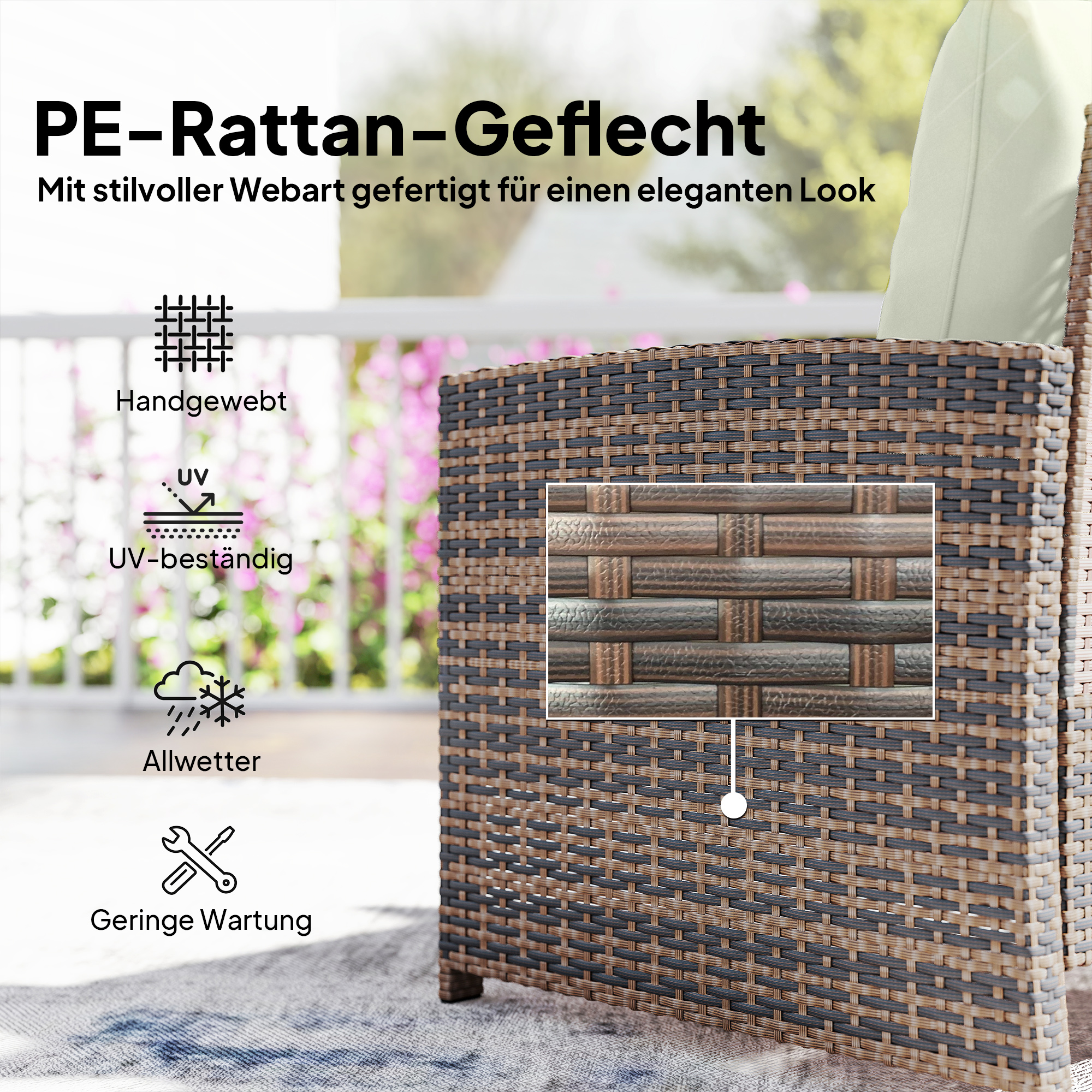 Rattan Gartenmöbel Set 5-teiliges Balkonmöbel Set mit 2 Stühle Kissen Hocker Tisch Staufach Cremeweiß