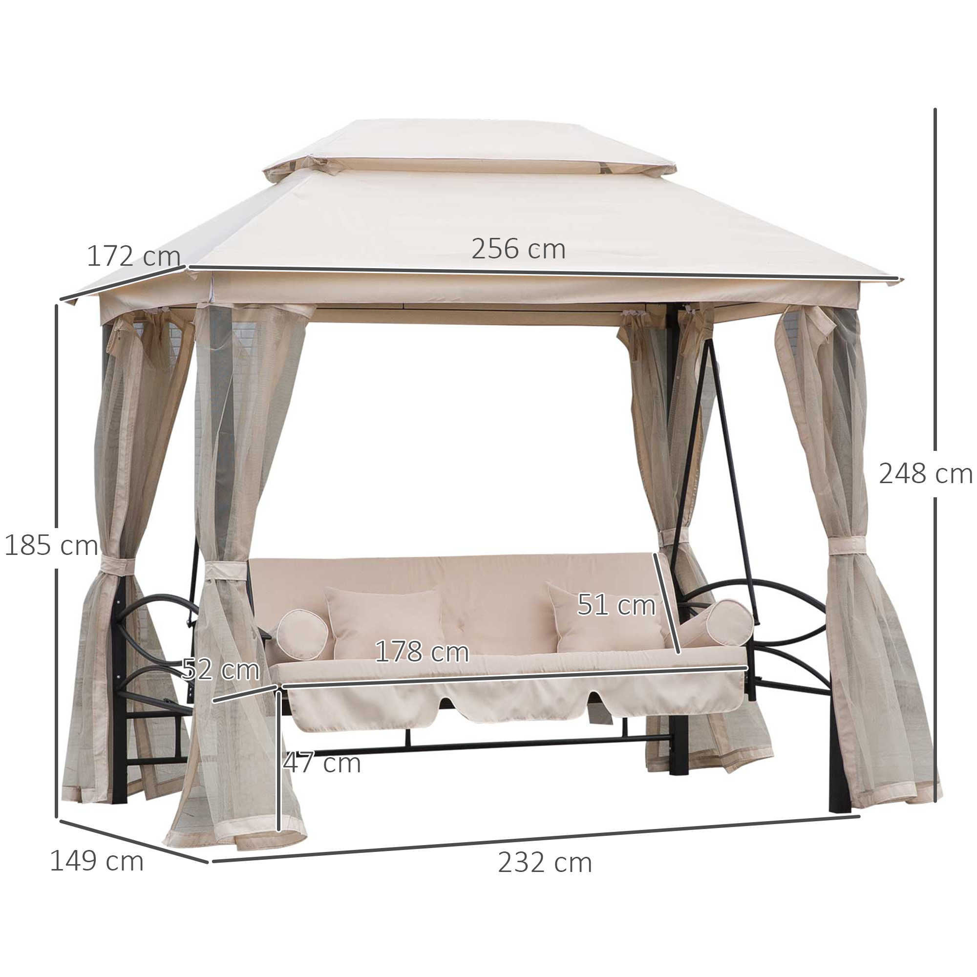 Hollywoodschaukel Gartenschaukel Schaukel mit Seitenwänden 3-Sitzer Beige 256 x 172 x 248 cm