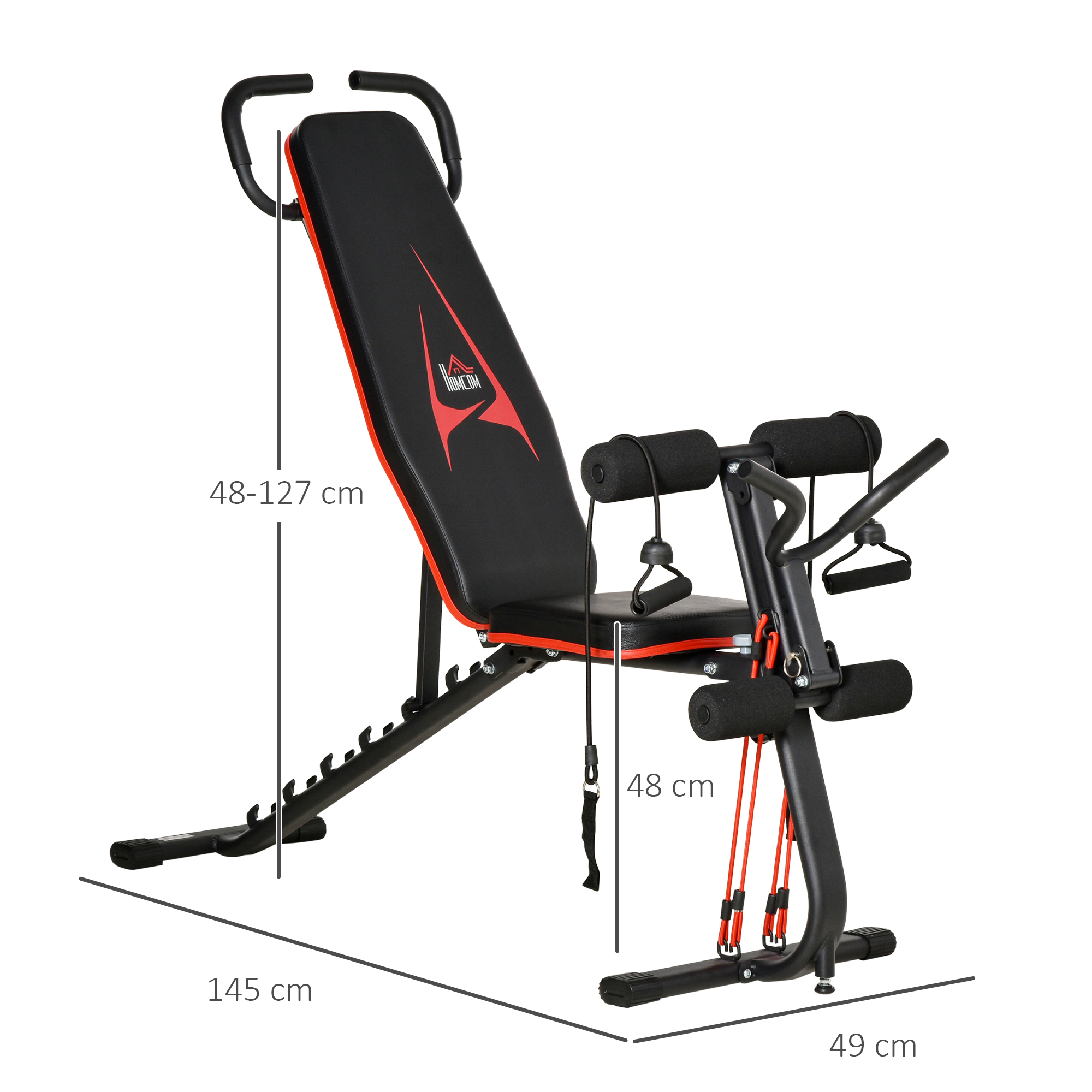 Hantelbank verstellbare Trainingsbank mit elastischer Seils Sit Up-Bank für Heimtraining 6 Stufen Rückenlehne-Gefälle Gewicht bis 150 kg Stahl Kunstleder Schwarz+Rot 145 x 49 x 48-127 cm