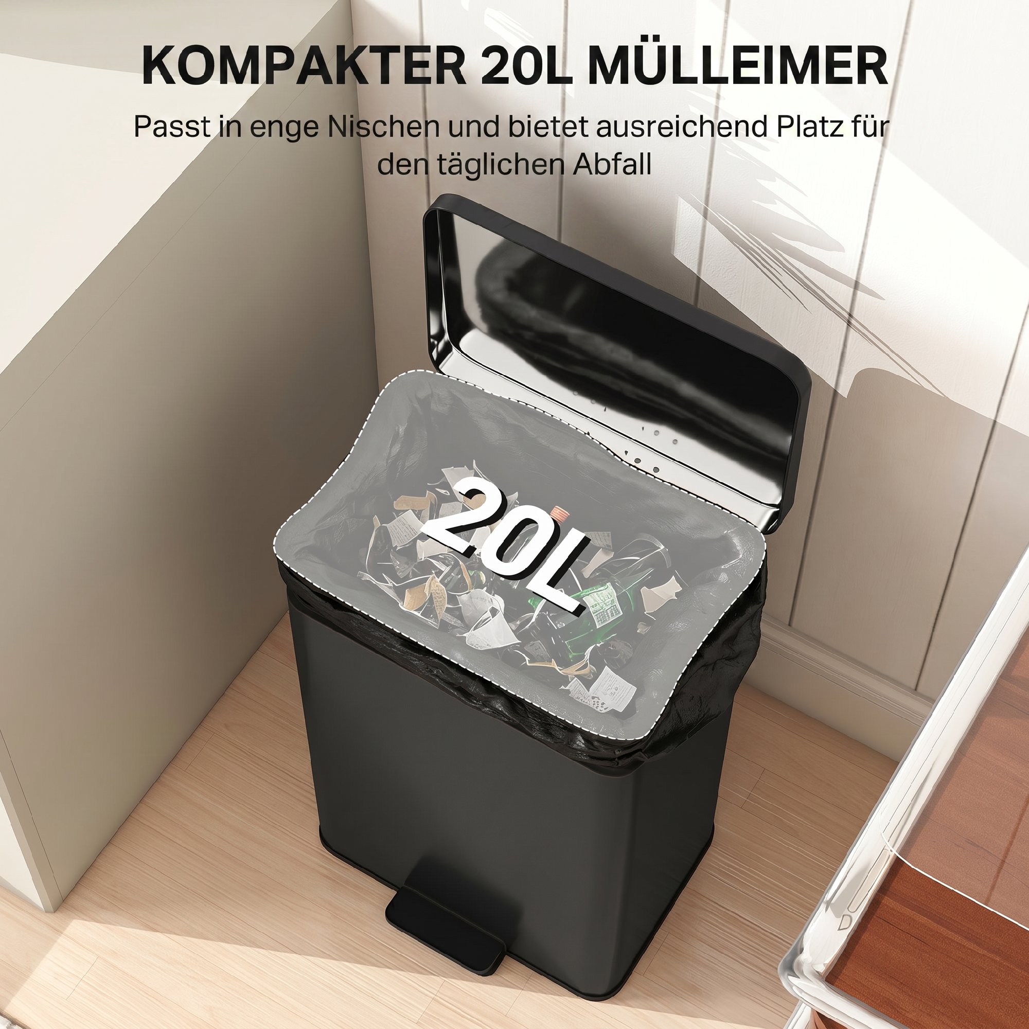 Mülleimer 20 L Treteimer mit Softclose-Deckel, Pedal, abnehmbar Inneneimer Mattschwarz, 34,2 x 30,6 x 44,2 cm