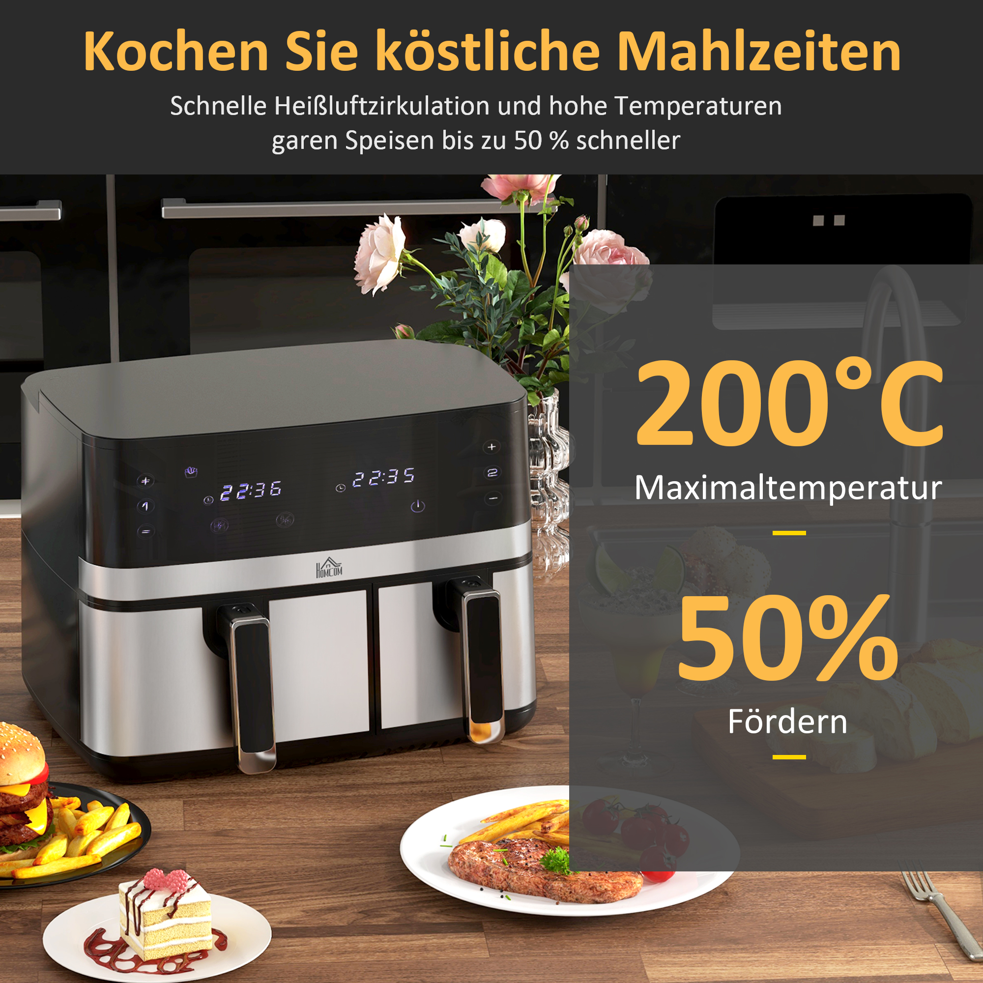 Heißluftfriteuse Friteuse, 2700 W, 8 Einstellungen, 41,8 cm x 39,2 cm x 31,1 cm, Schwarz + Silber
