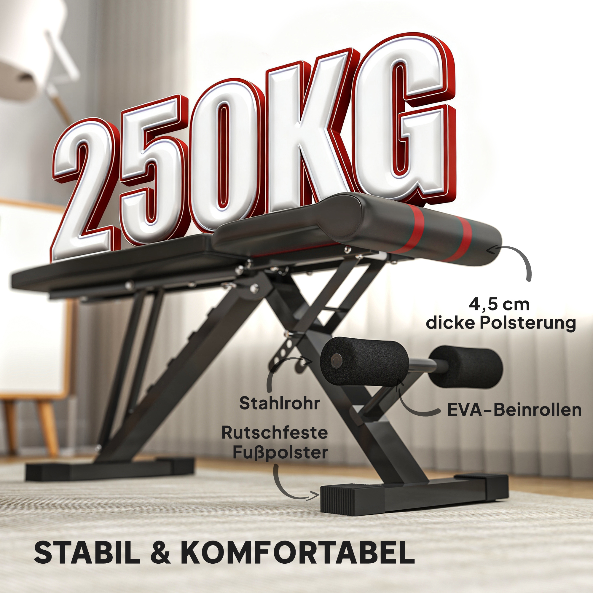 Klappbare Workout-Bank, 6-stufige Rückenlehne, 4-stufiger Sitz, Metall, gepolstert, Schwarz