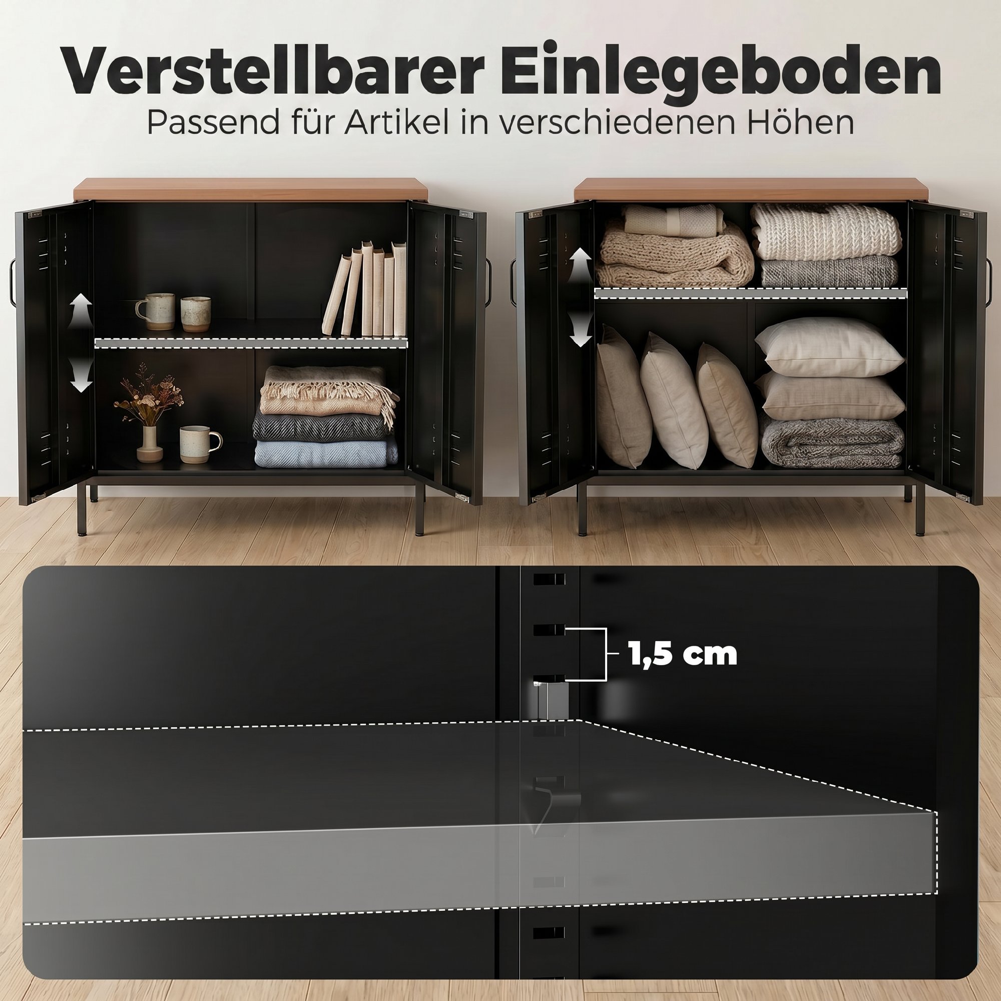 Stahl-Sideboard, 80x40x80 cm, Industrielles Aufbewahrungsschrank mit 2 Türen und verstellbarem Regal für Wohnzimmer, Büro, Schwarz