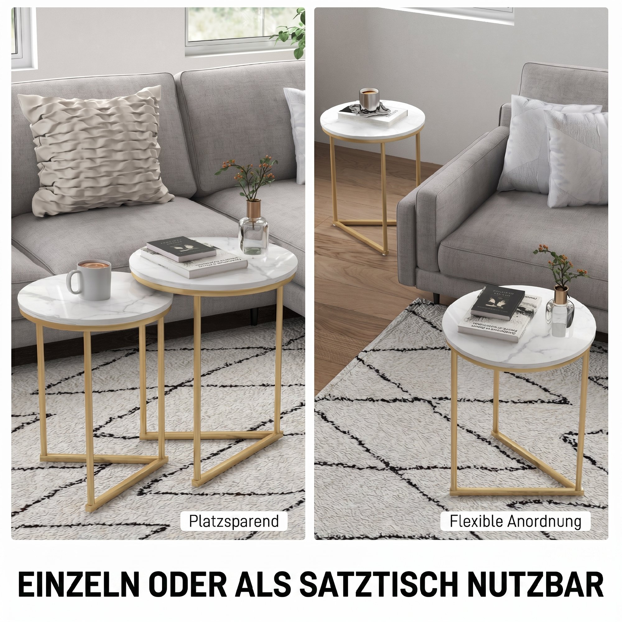 Beistelltisch 2er-Set, moderner Couchtisch mit goldenen Stahlbeinen für Wohnzimmer, Schlafzimmer