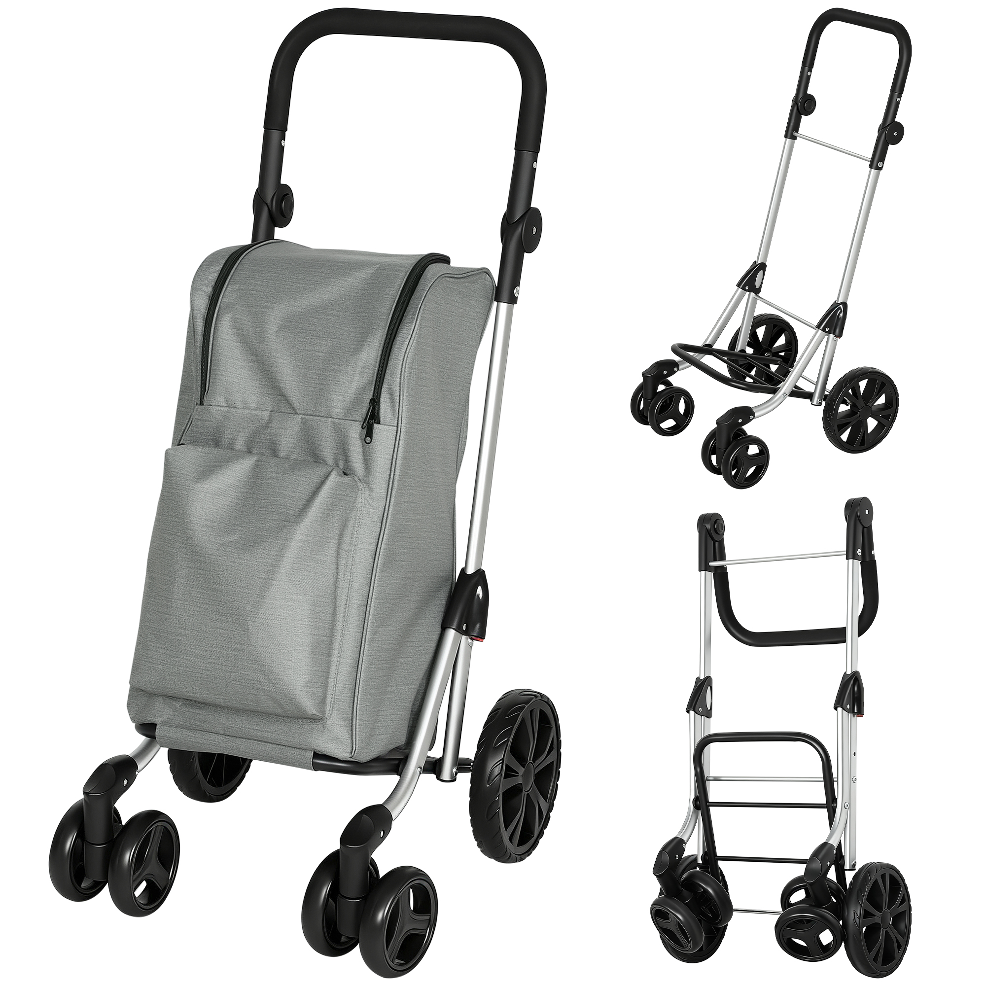 Einkaufstrolley, 46 Liter Tasche, Faltbarer Einkaufswagen mit Kühltasche, verstellbarer Griff, Aluminiumrahmen, Grau Einkaufstrolley, 46 Liter Tasche, Faltbarer Einkaufswagen mit Kühltasche, verstellbarer Griff, Aluminiumrahmen, Grau