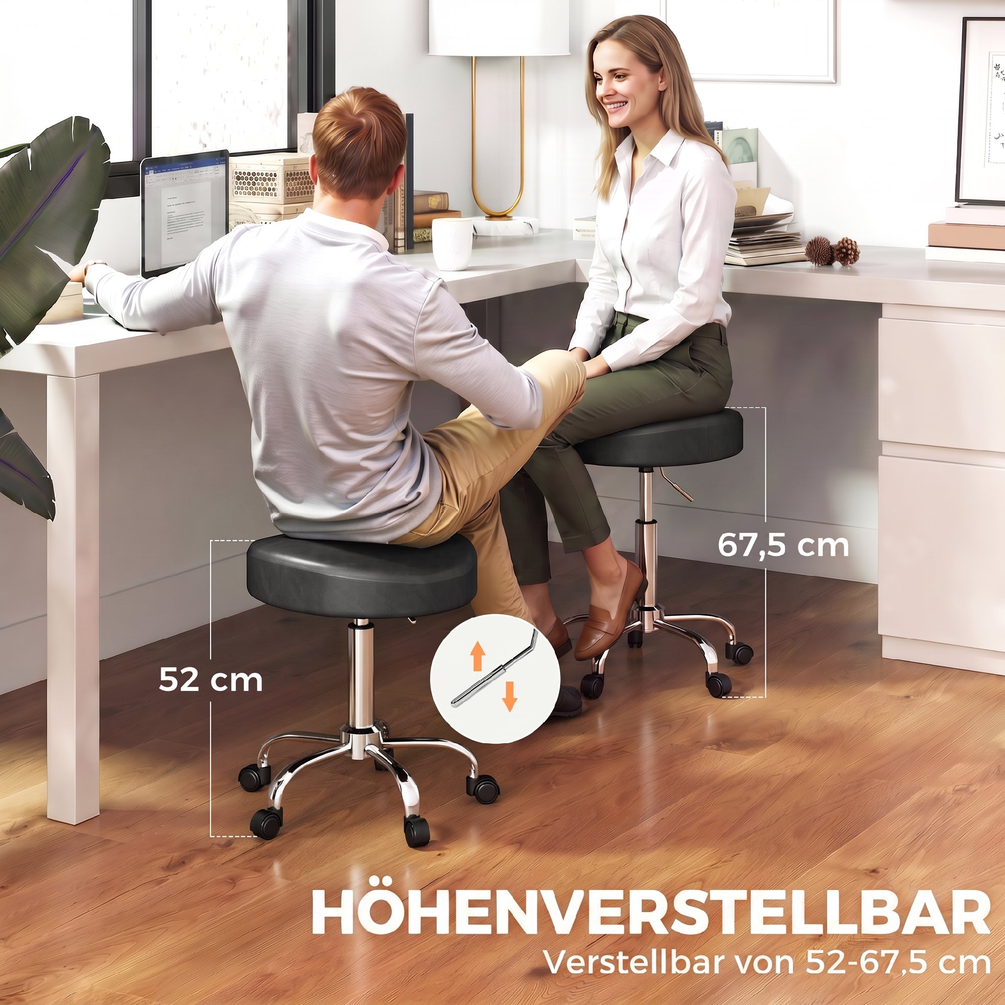 Rollhocker aus PU-Leder, höhenverstellbarer Salonhocker mit gepolsterter Sitzfläche, drehbarer Beautyhocker auf Rollen