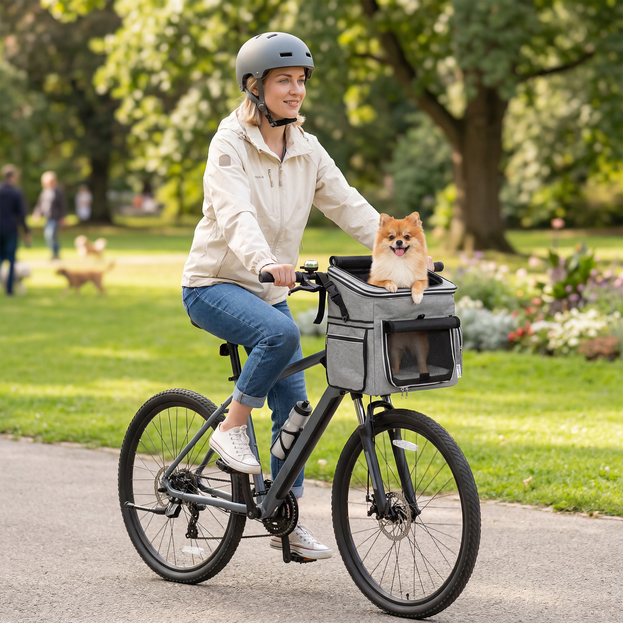 Hundekorb Fahrrad Vorne Tragbar Hundefahrradkorb mit Sicherheitsleine Kissen Schüssel für Kleine Hunde bis 5kg Hellgrau