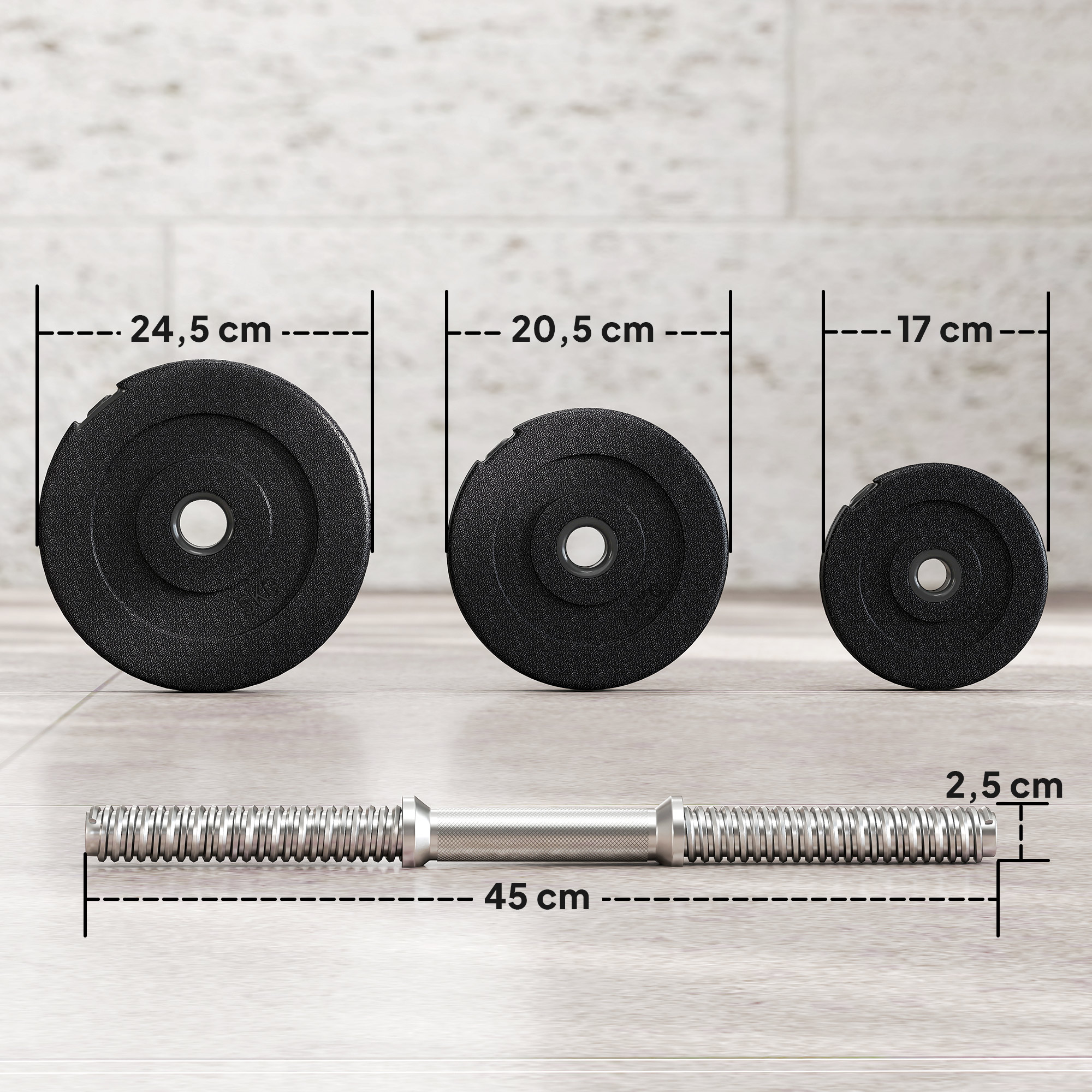 Kurzhantel-Set 40 kg, 2 Metallgriffe, 12 Hantelscheiben, bodenschonend, schwarz