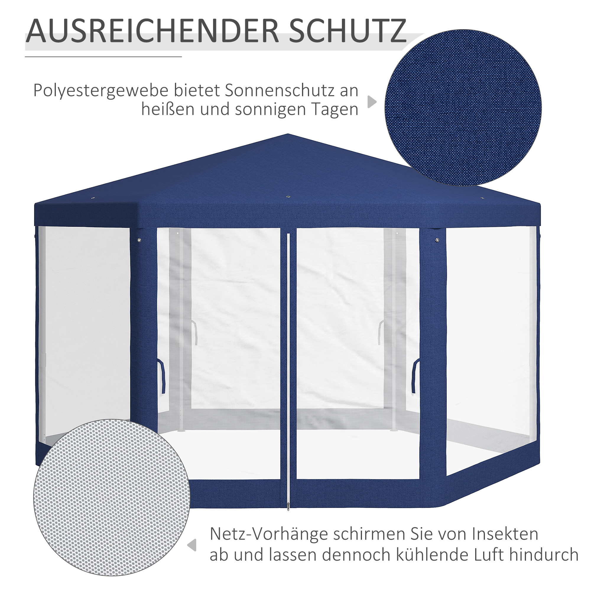 Gartenpavillon, 6-eckig, Netzvorhänge, Metallgestell, 3,94x3,412x2,5m, Blau