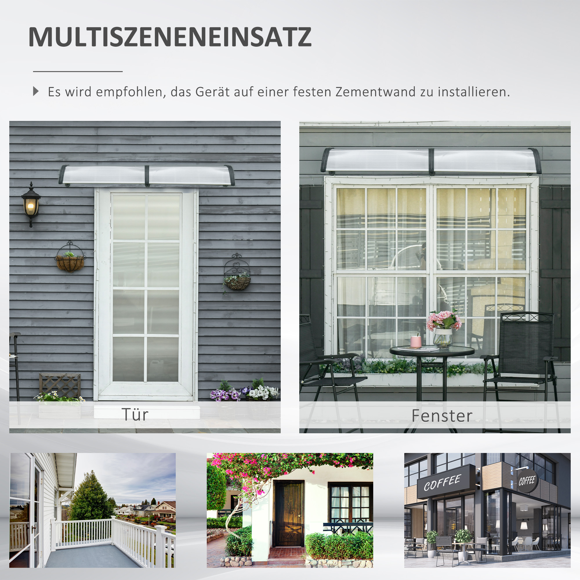 Türüberdachung, Schutz vor Regen, Wind und Hagel, Polycarbonat, Aluminium-Verbindungstangen, 200 x 96 x 27 cm, Schwarz