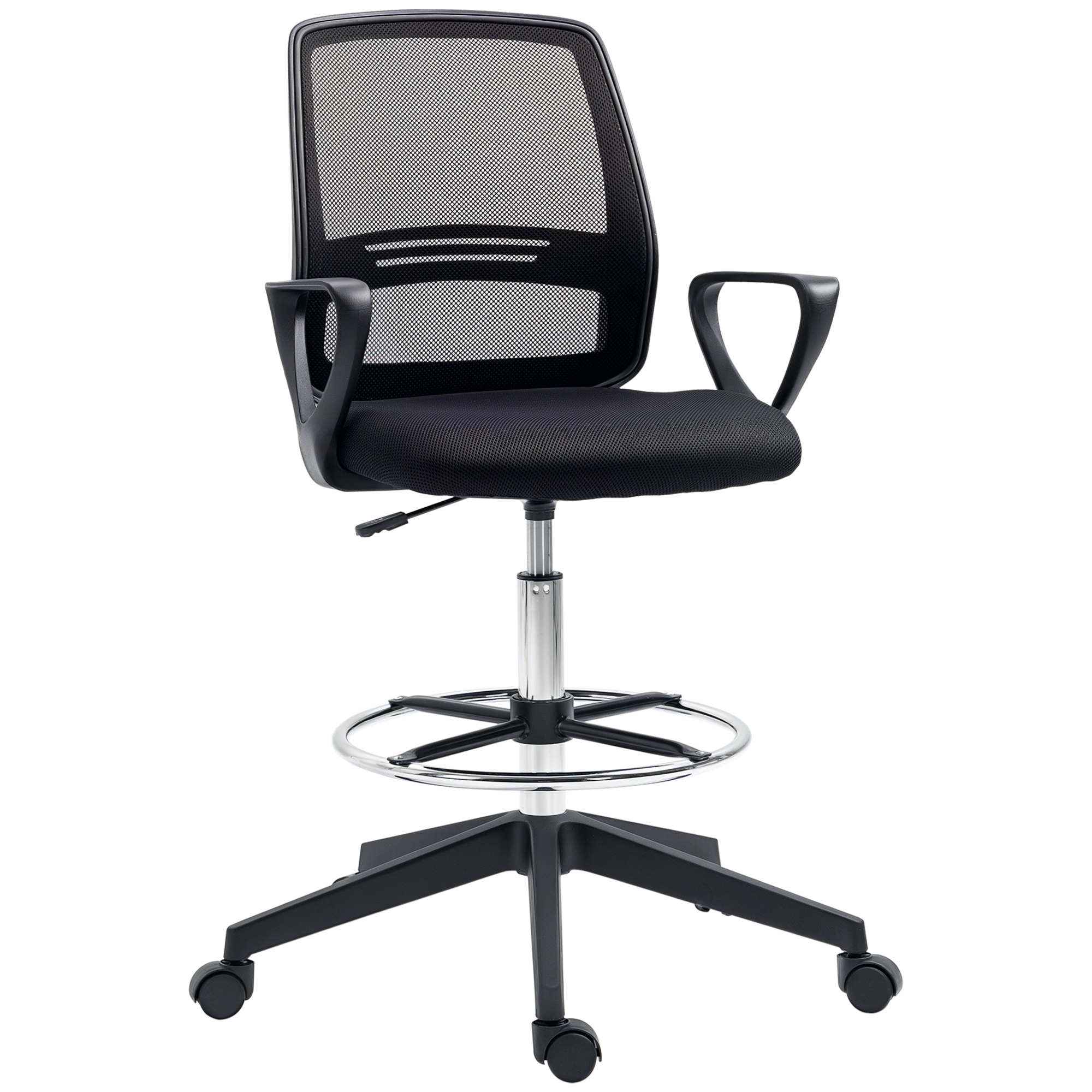 Bürostuhl Ergonomischer Schreibtischstuhl mit Armlehnen und Verstellbarer Fußring, Höhenverstellbarer Drehstuhl mit Netzbespannung Schwarz