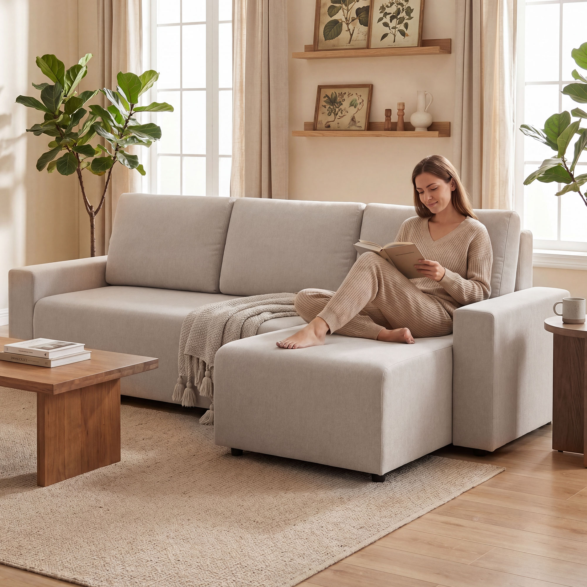Ecksofa mit Schlaffunktion und umkehrbarer Chaiselongue, L-förmiges 3-Sitzer Sofa aus Veloursbezug, Beige