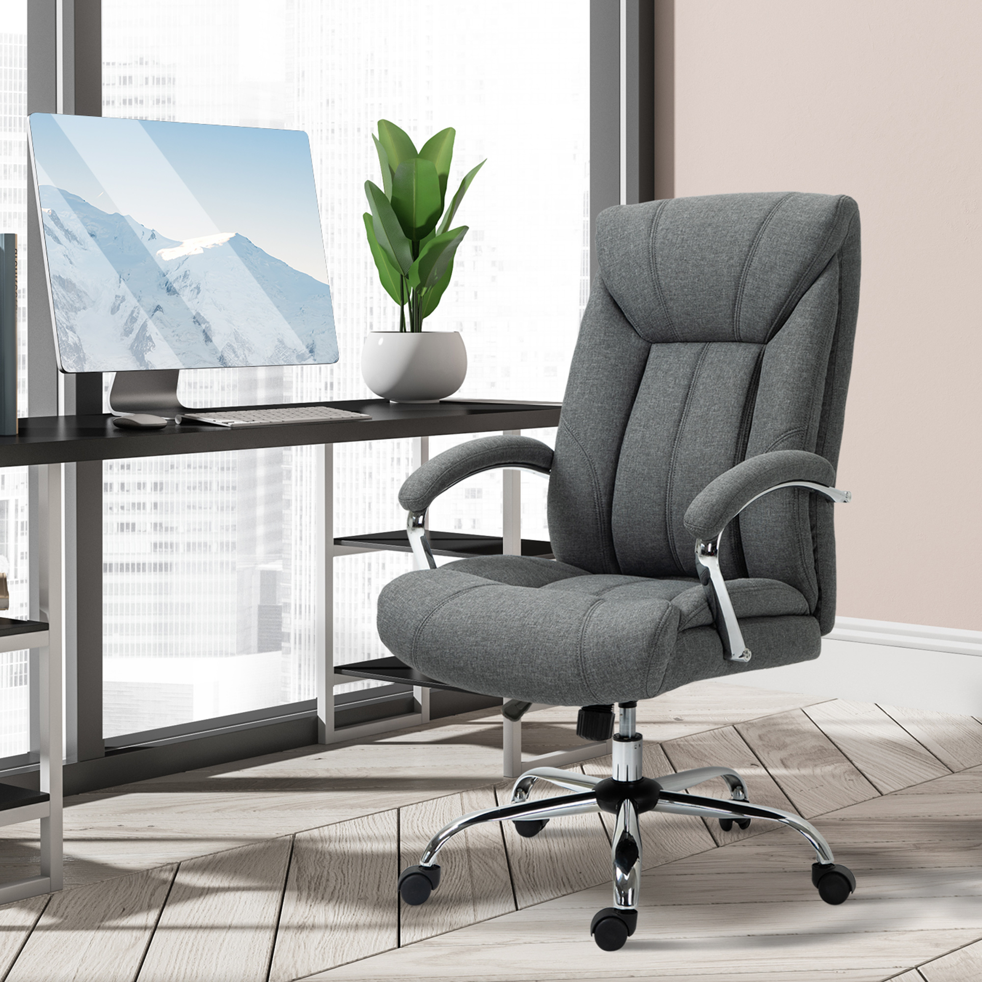 Bürostuhl mit Wippfunktion ergonomischer Stuhl mit gepolsterte Armlehne Kopfstütze höhenverstellbarer Schreibtischstuhl Drehstuhl mit Rückenlehne Nylon Grau 65 x 78 x 110-118 cm