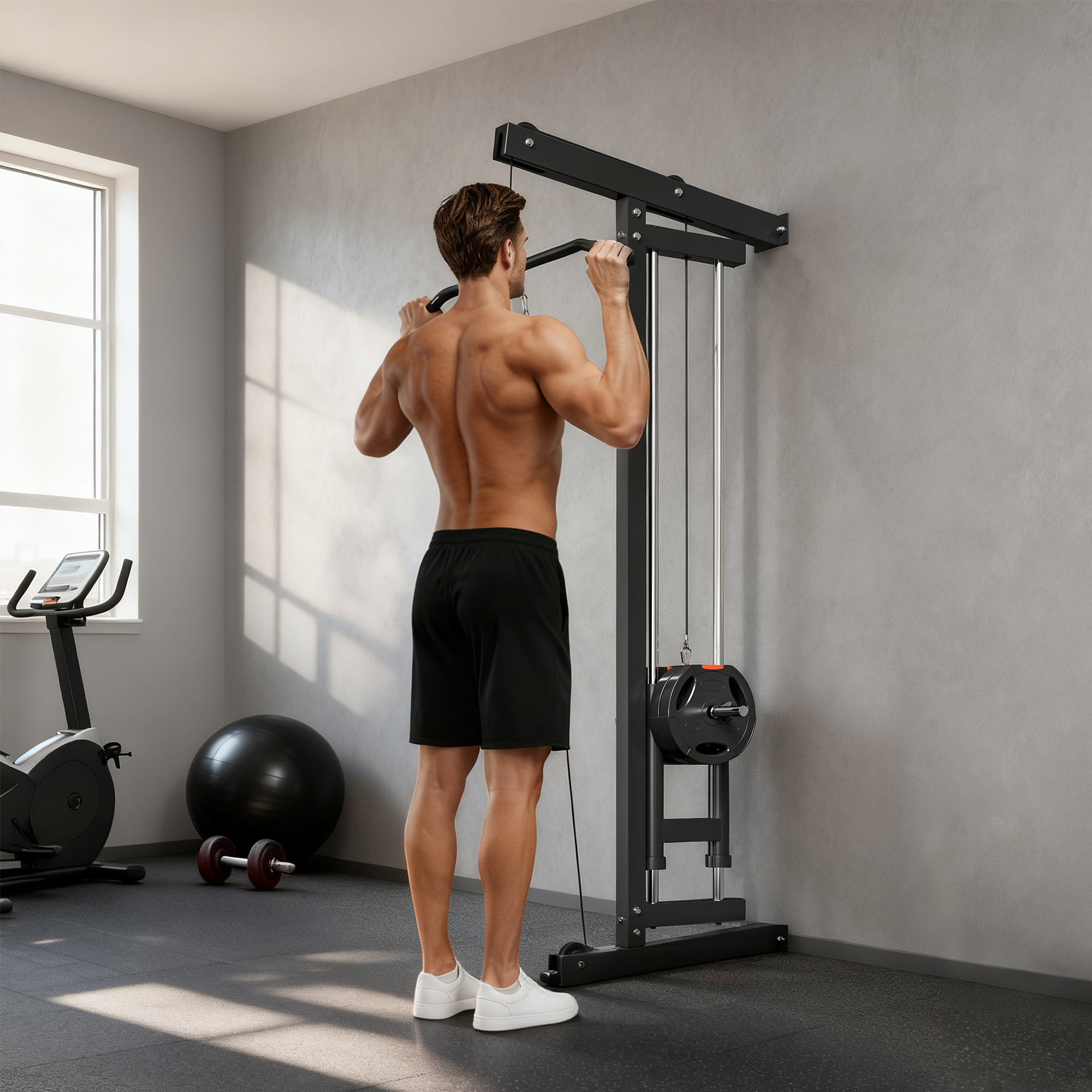Rudermaschine für Training, wandmontiertes Fitnessgerät, Kabelmaschine für Heimfitnessstudio, Stahl, Schwarz