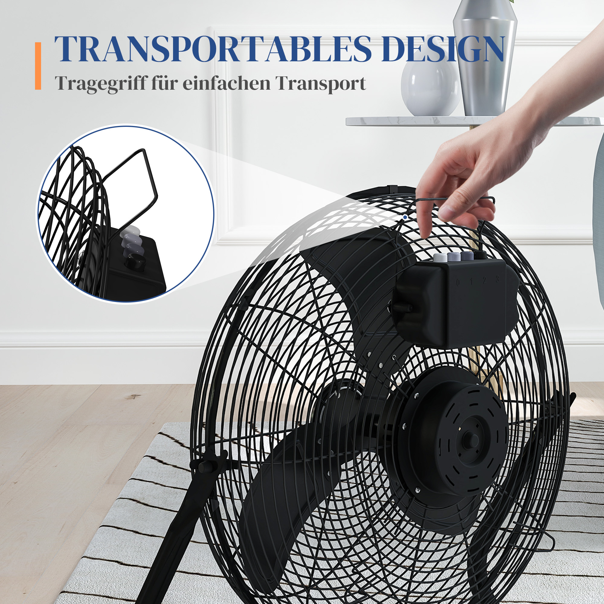 Tischventilator Elektrischer Ventilator mit 4 Geschwindigkeitsstufen, um 120° verstellbarer Winkel Schwarz